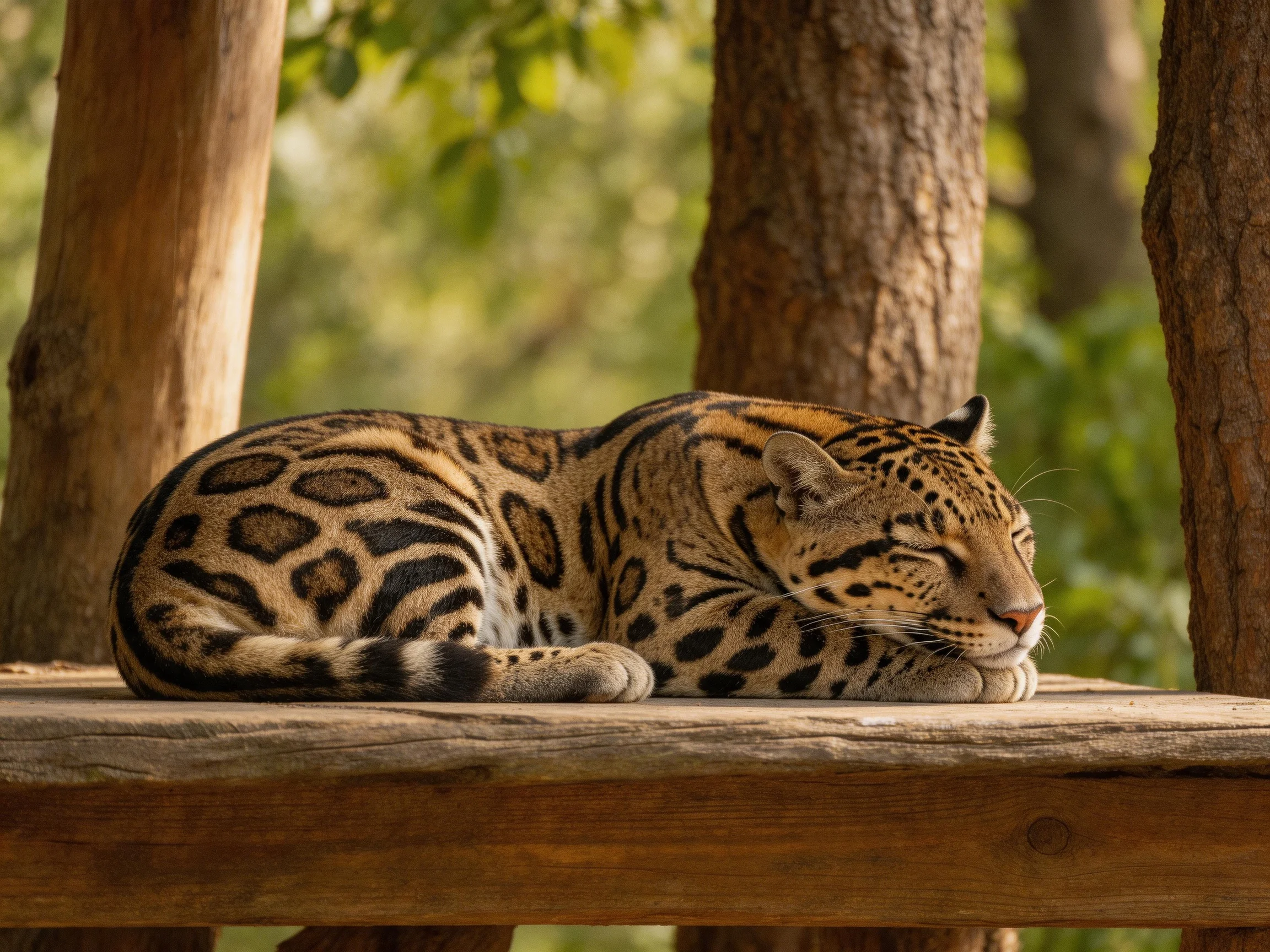 A spotted ocelot sleeps on a wooden platform in a forested area.