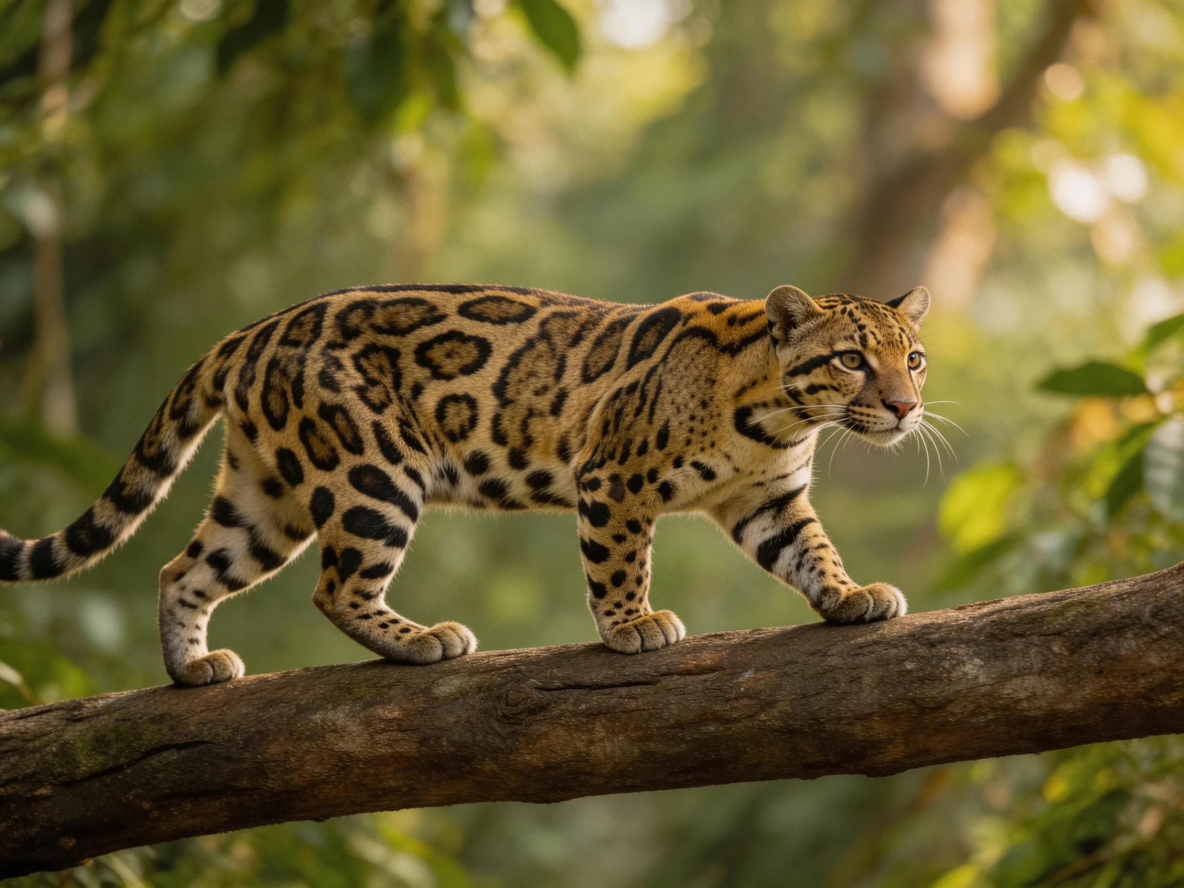 A spotted ocelot with golden fur walks on a thick tree branch
