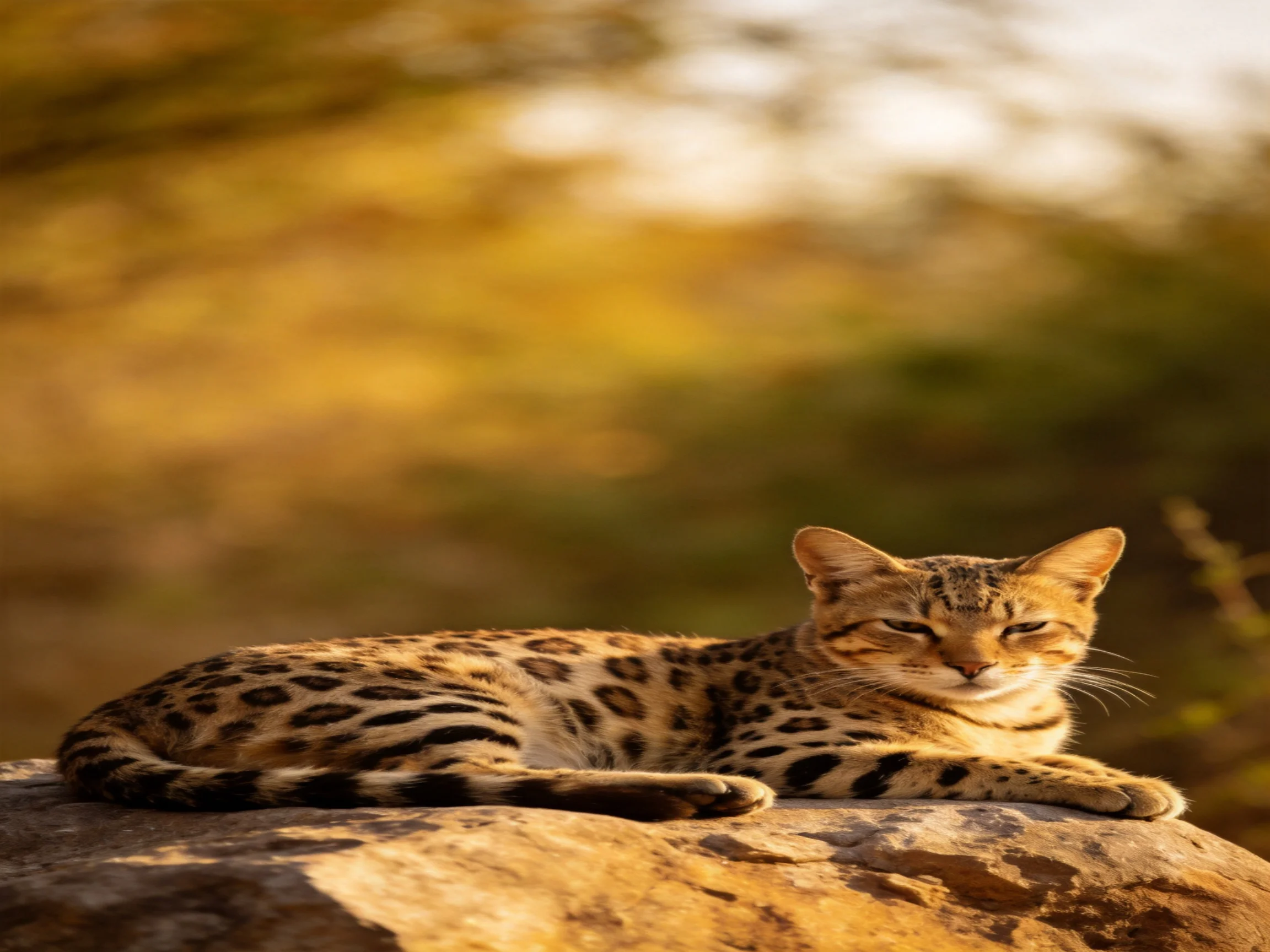 A serval rests on a rock in a sunlit natural setting.