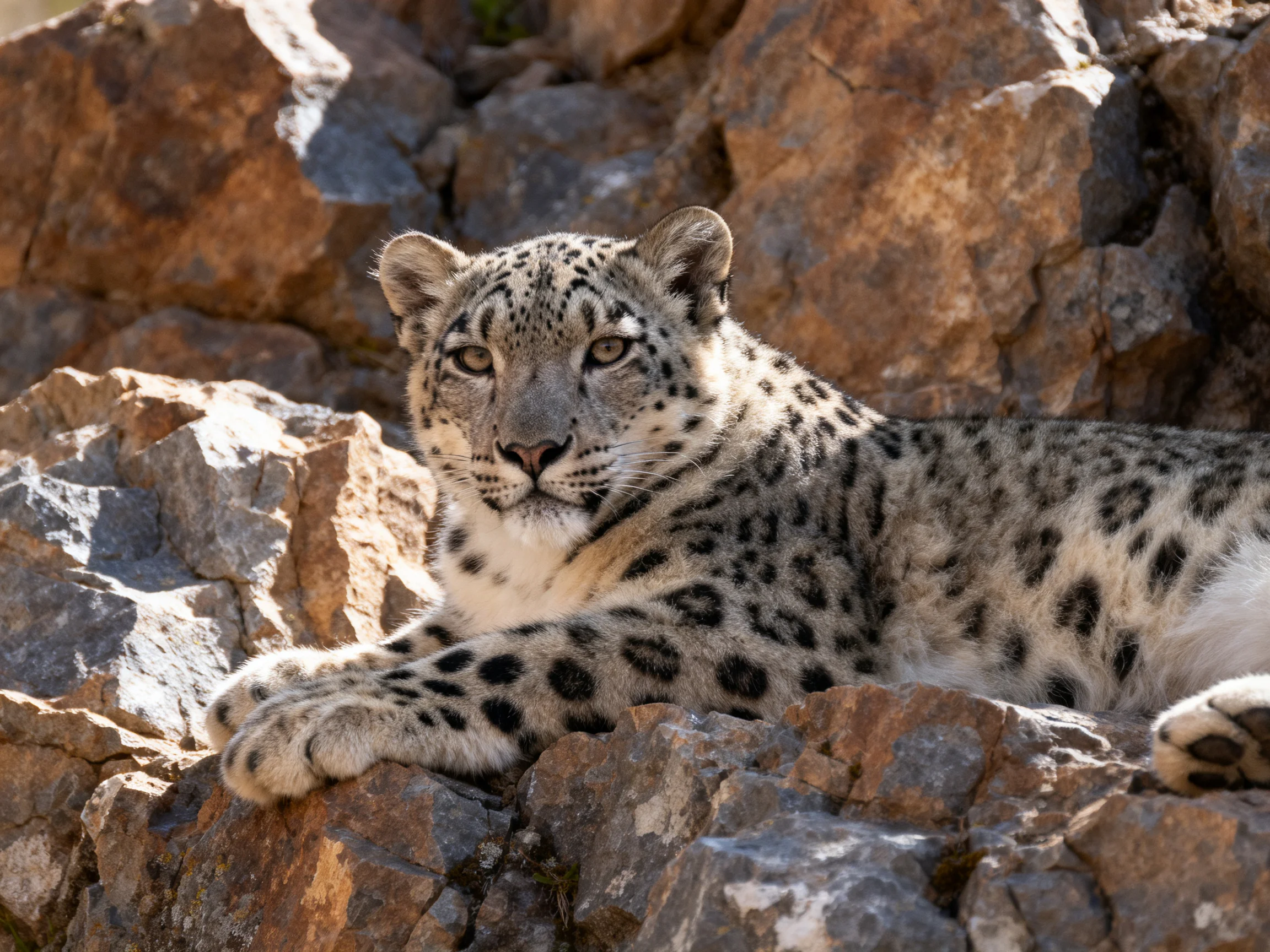 A spotted snow leopard lies calmly on rocky terrain.