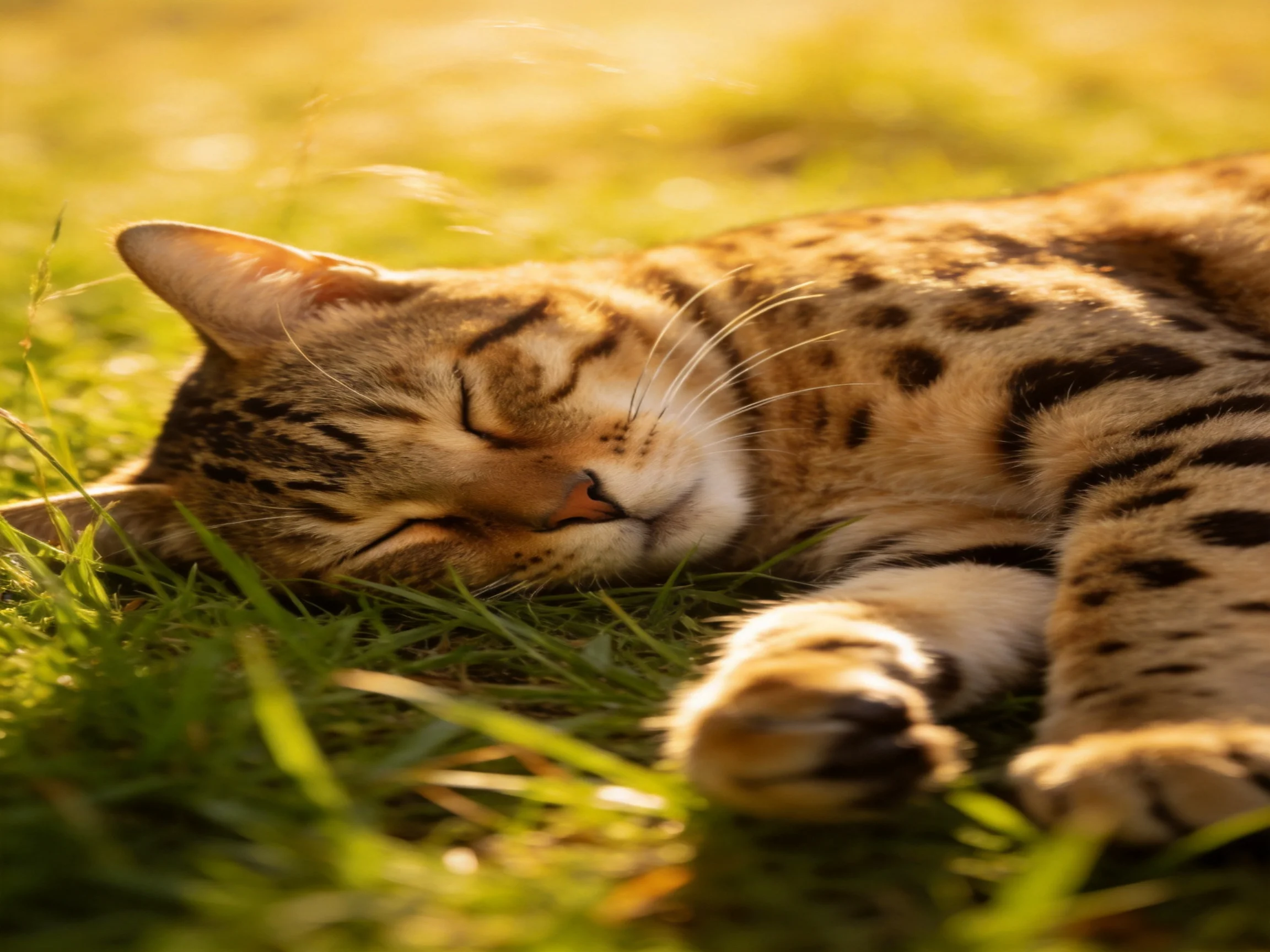 A spotted tabby cat sleeps on sun-kissed green grass