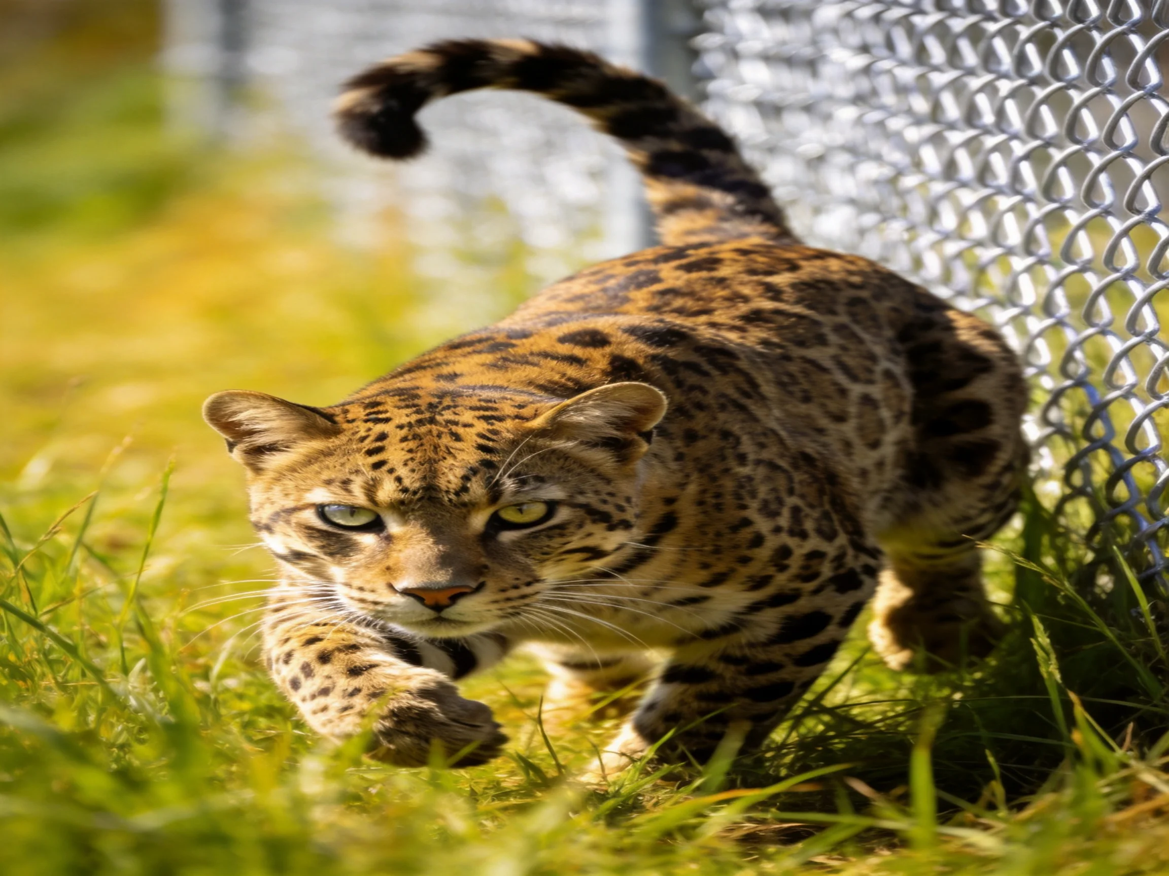 A spotted wild cat moves through tall grass next to a chain-link fence.
