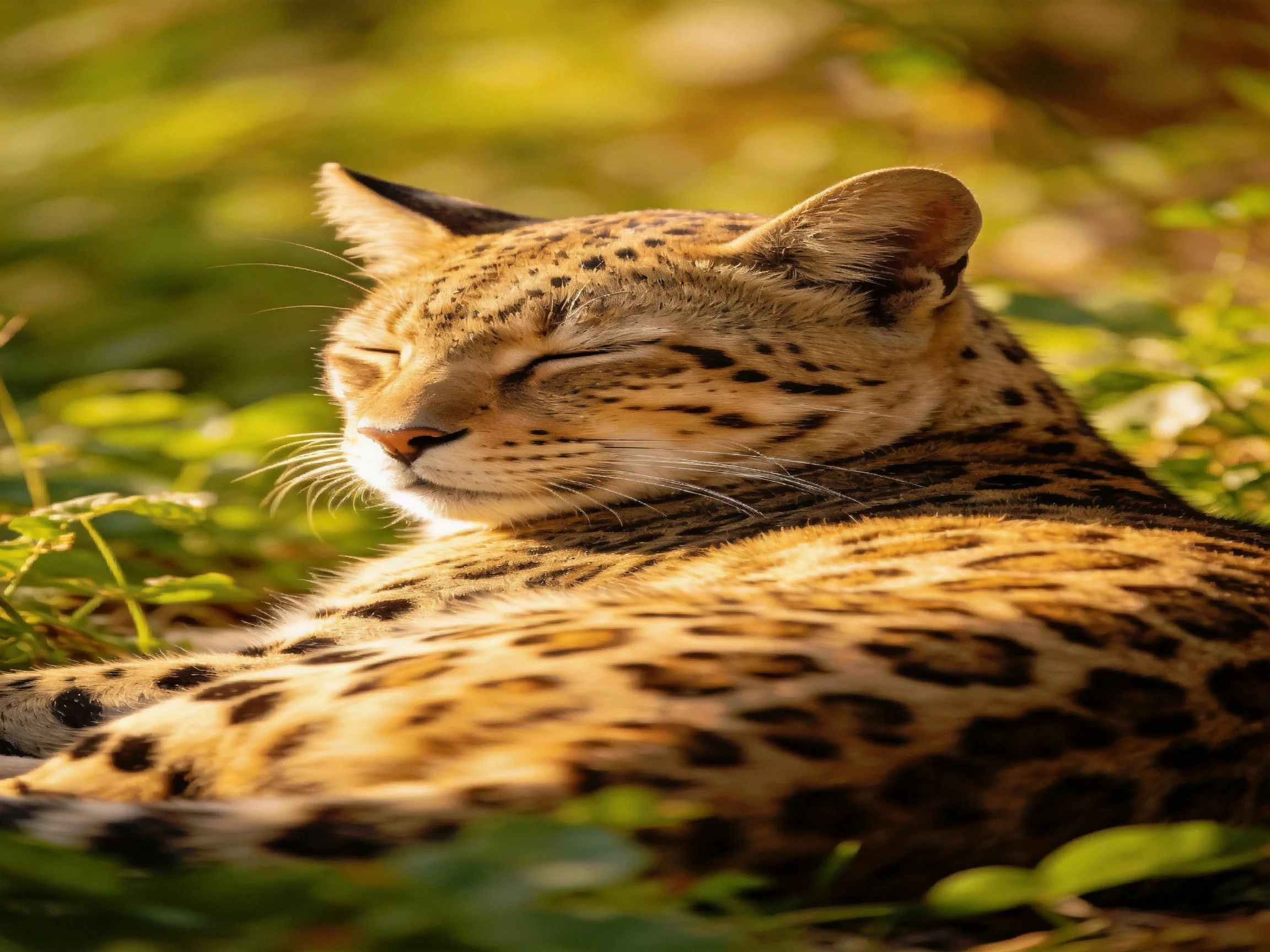 A spotted wild cat rests calmly in a sunlit natural setting.