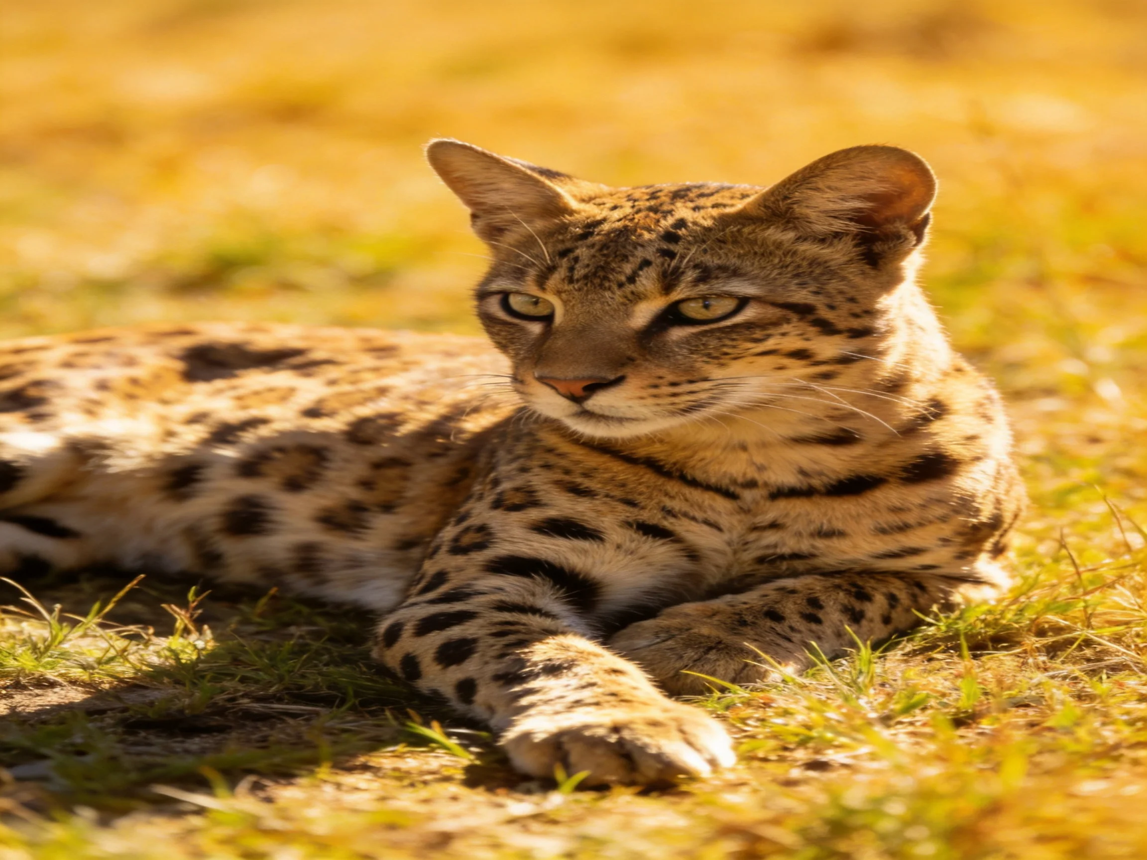 A spotted wild cat relaxes on sunlit grass.