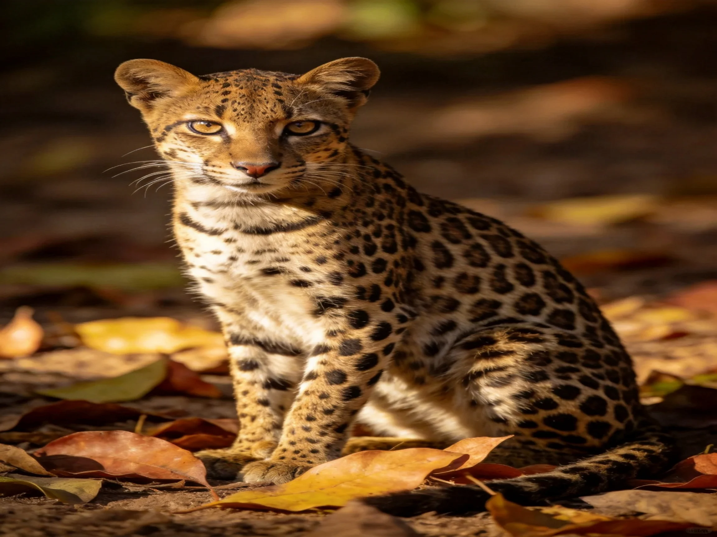 A spotted wild cat sits calmly among fallen autumn leaves.