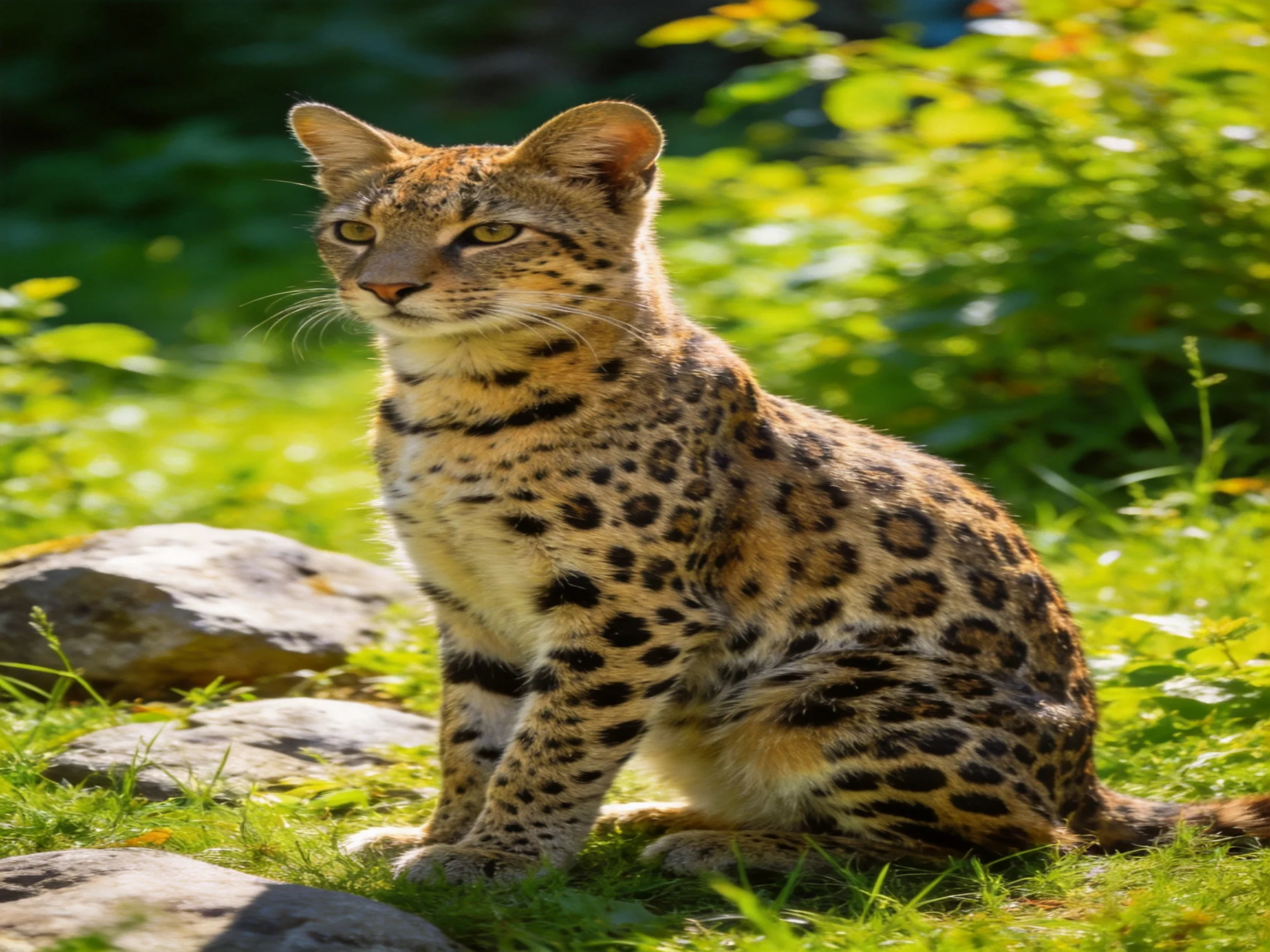 A spotted wild cat sits in a sunlit, green outdoor area with rocks
