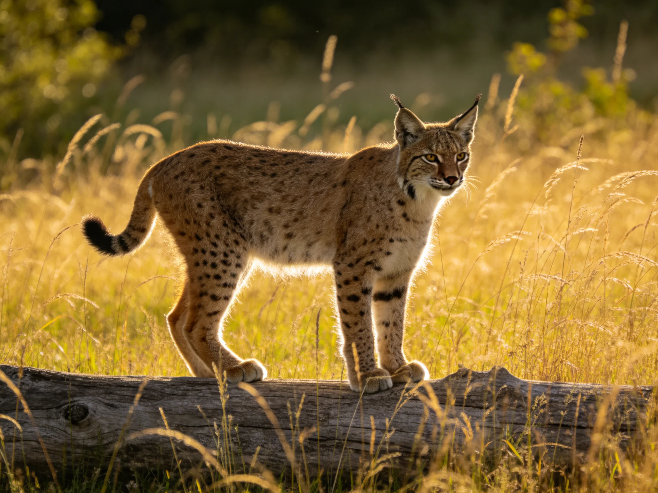 A spotted wild cat stands on a weathered log amid golden grasses