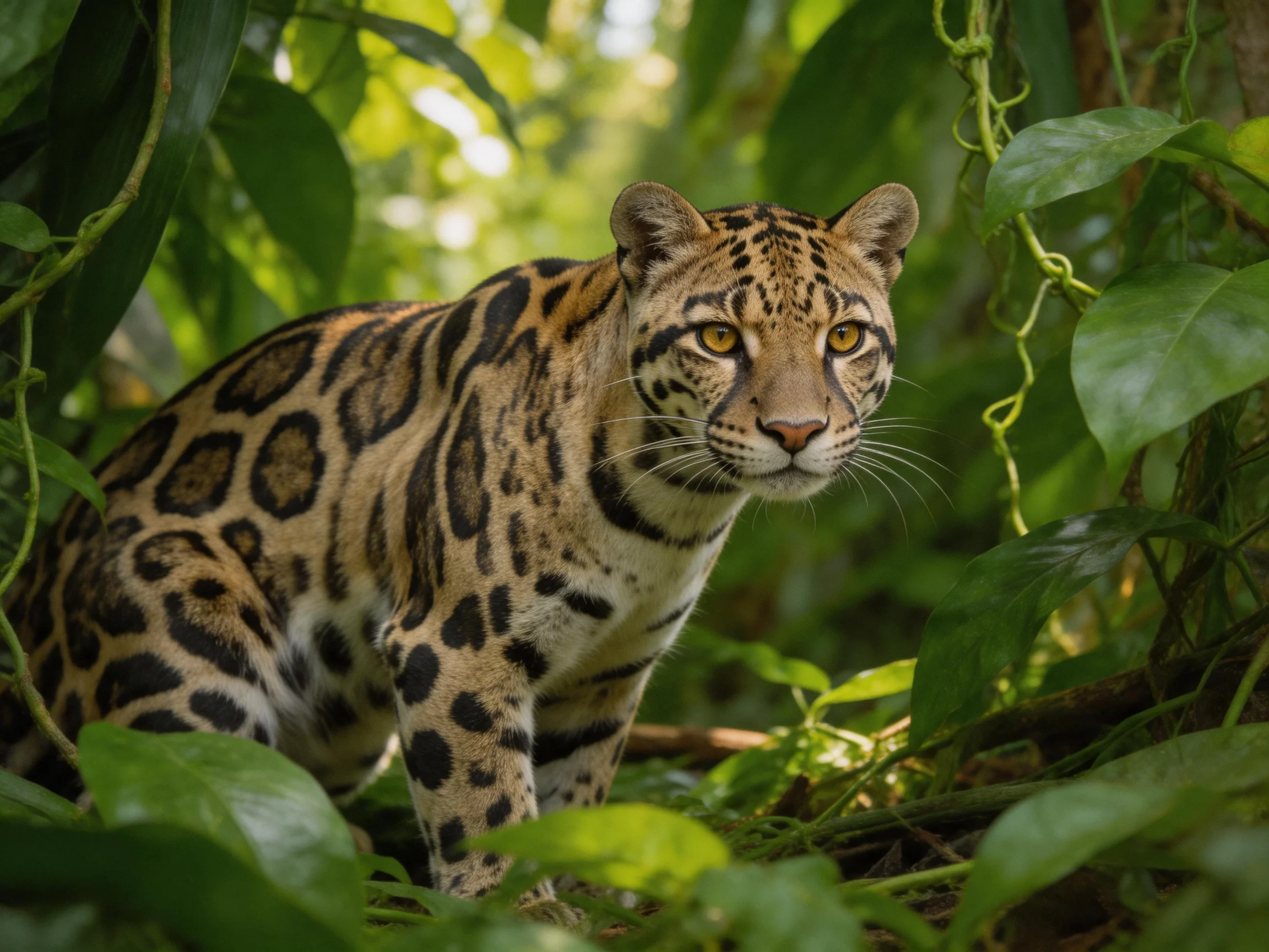 A spotted wildcat in dense, verdant jungle foliage