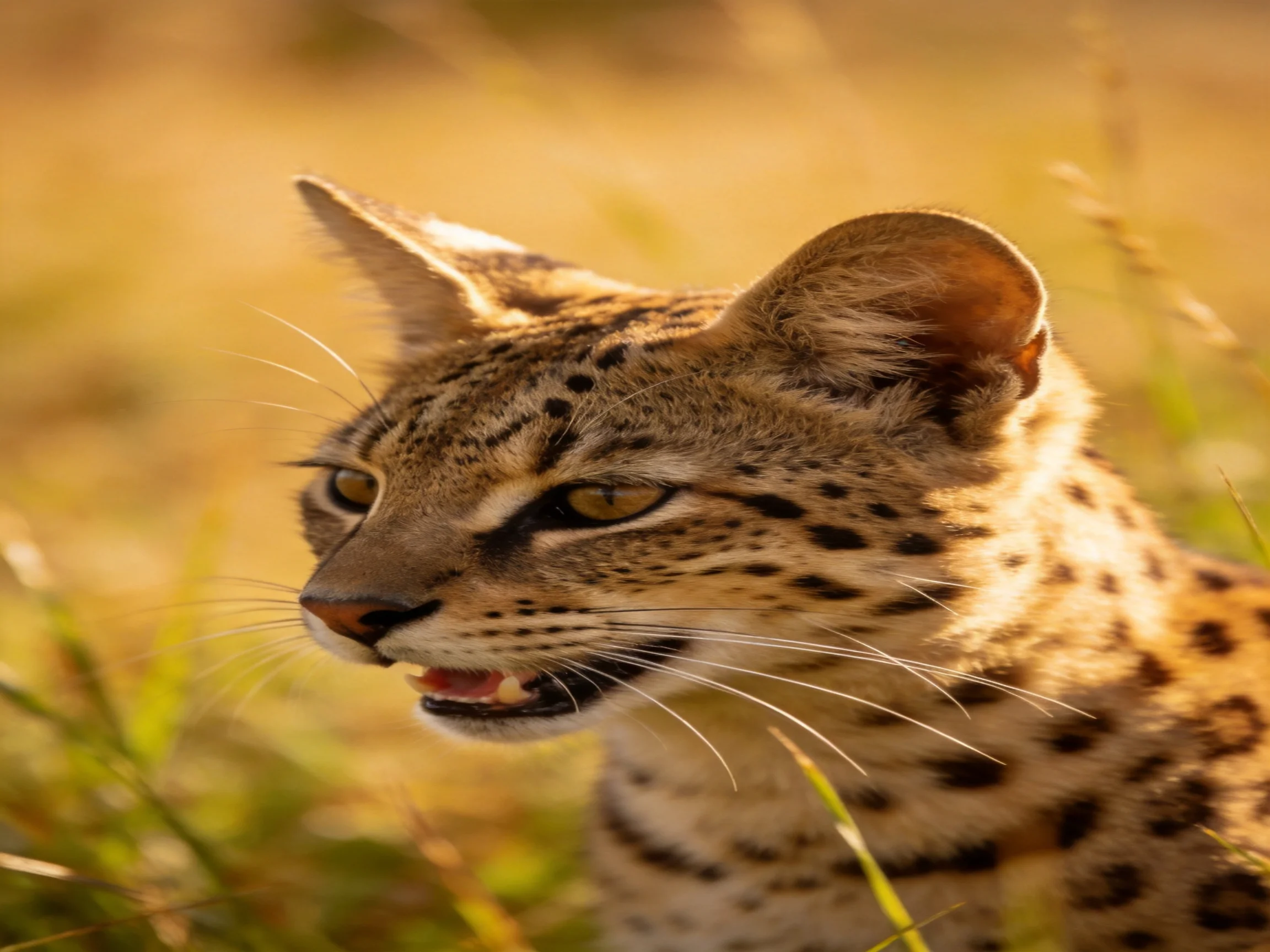 A spotted wildcat in golden grasses under warm sunlight
