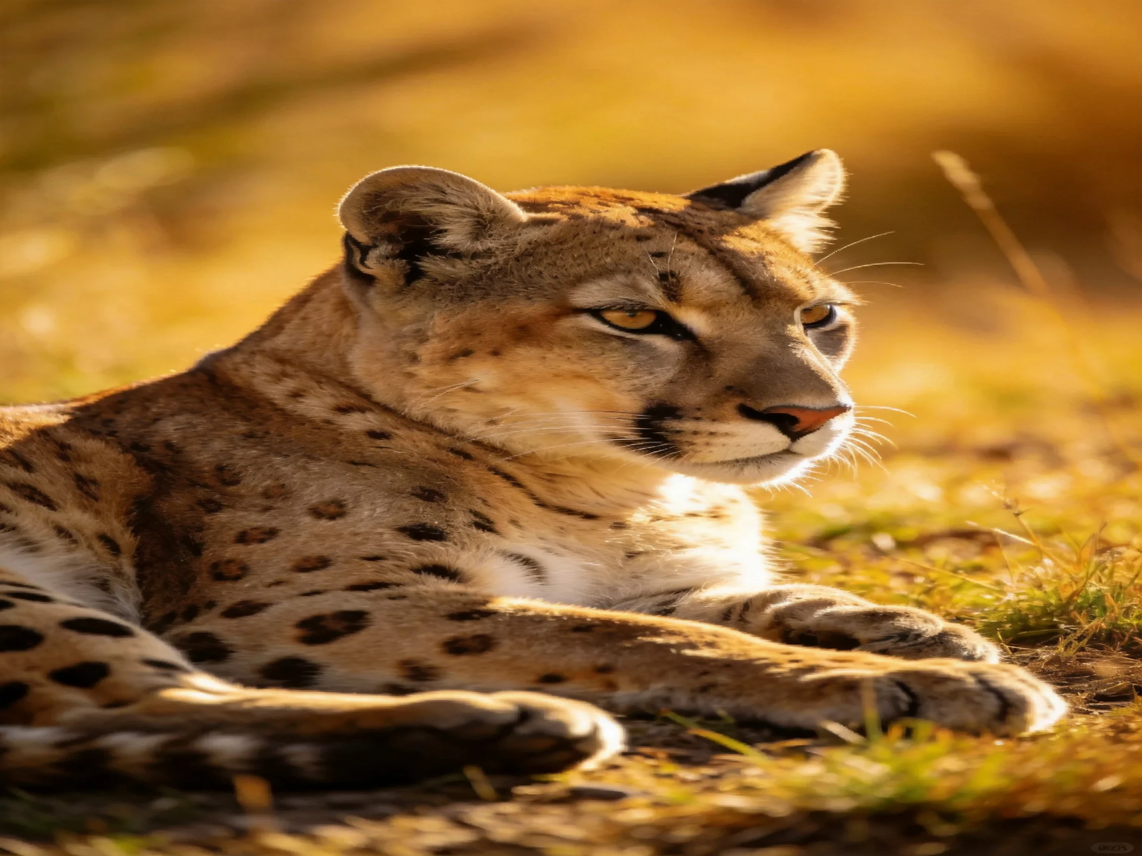 A wildcat with spotted fur relaxes on dry grass under warm sunlight.