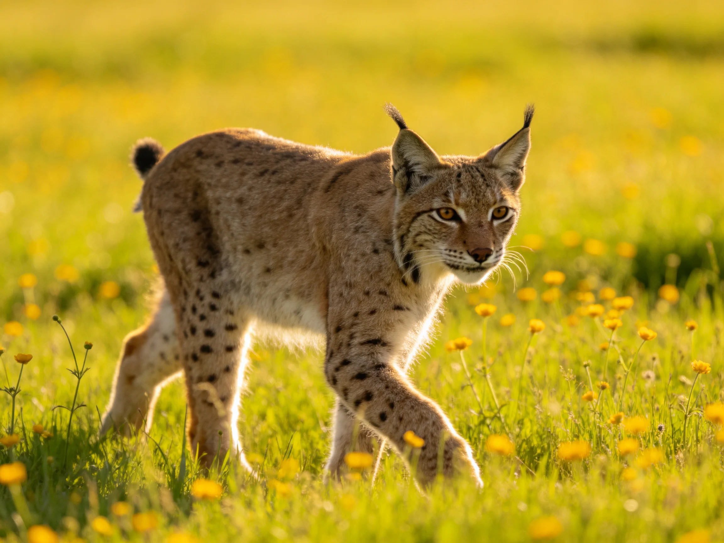 A spotted wildcat walks through a sunlit meadow filled with yellow flowers.