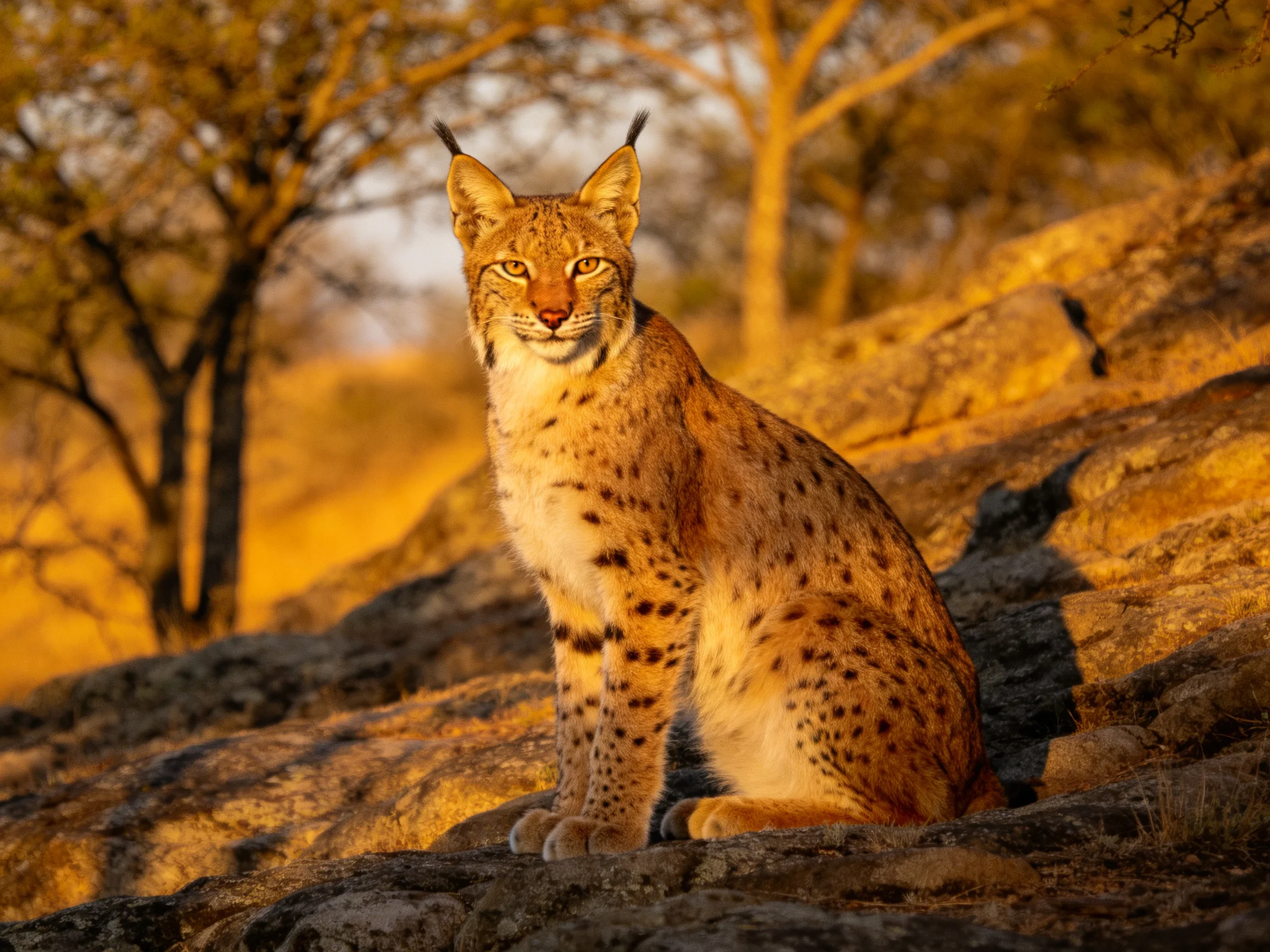 A spotted wildcat rests on rocks in a sunlit natural setting.