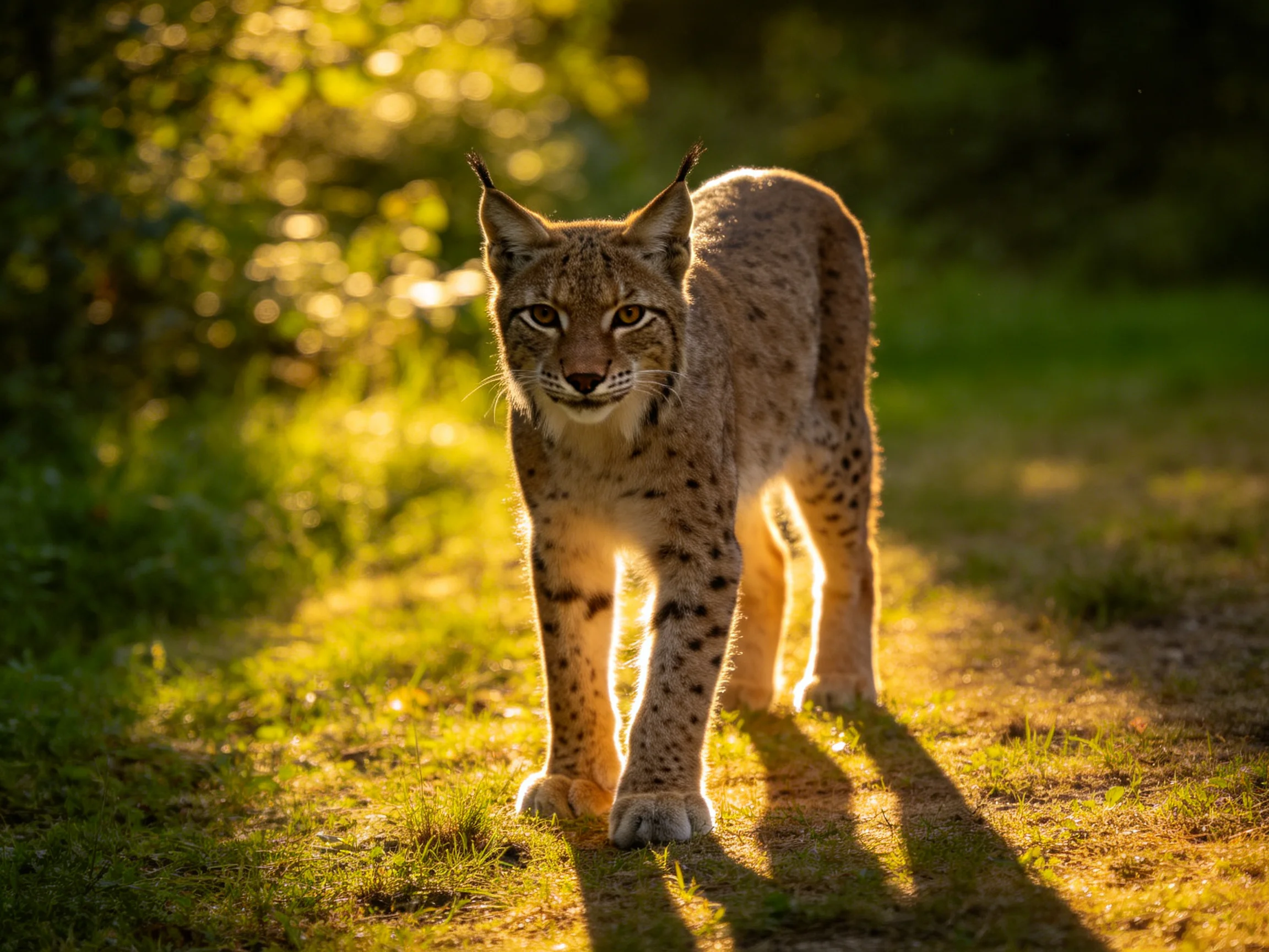 A spotted wildcat walks along a sun-dappled forest path