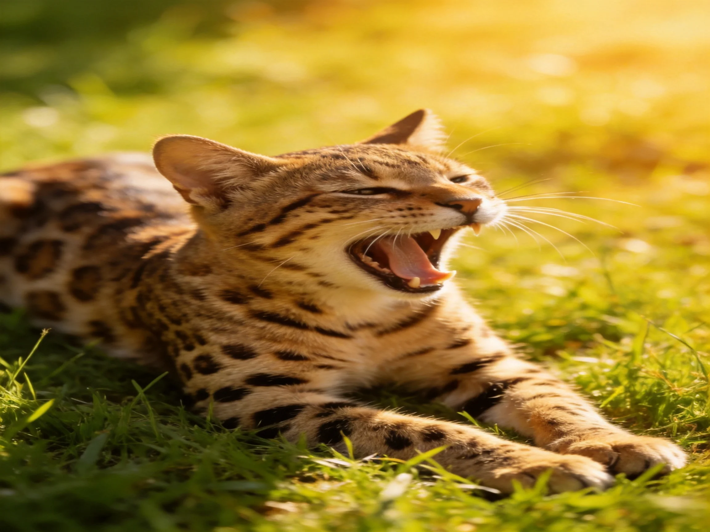 A spotted wildcat yawns on sun-drenched green grass