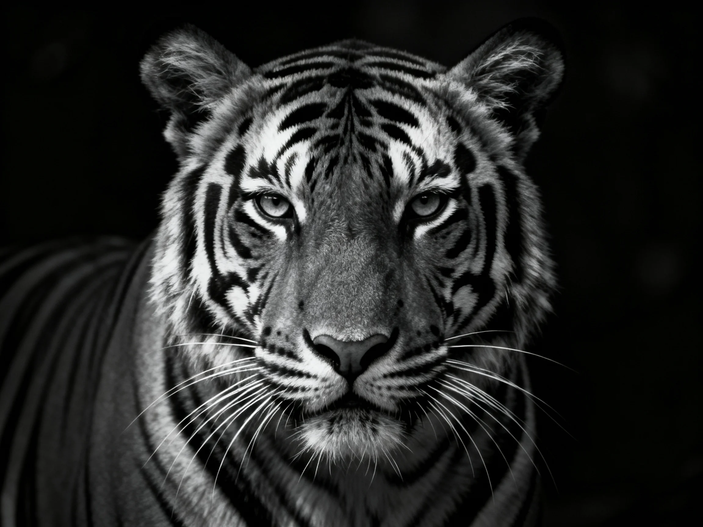 A striking black-and and - white portrait of a tiger with bold stripes
