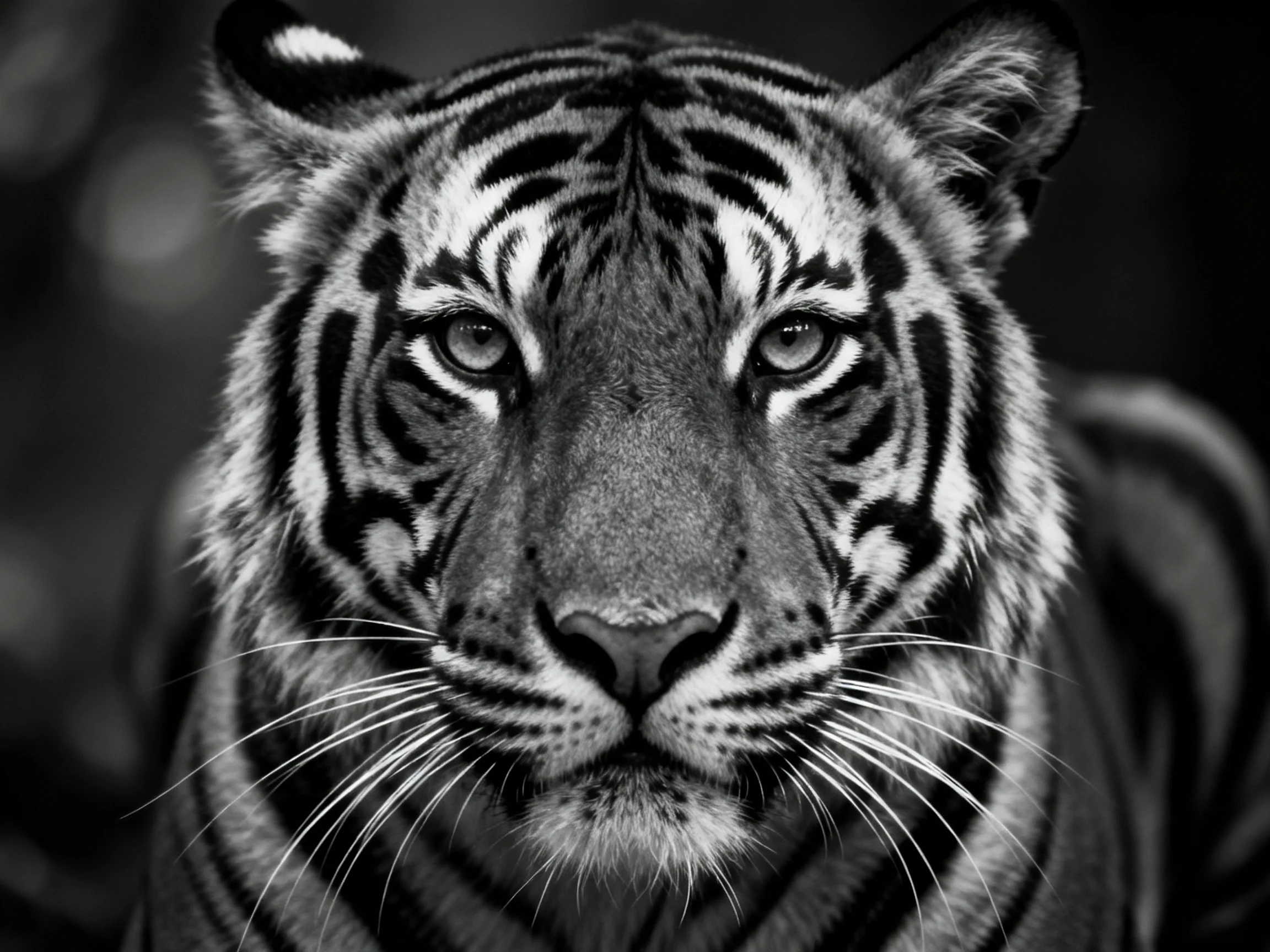 A black-and-white close-up highlights a tiger’s bold facial stripes and intense gaze.