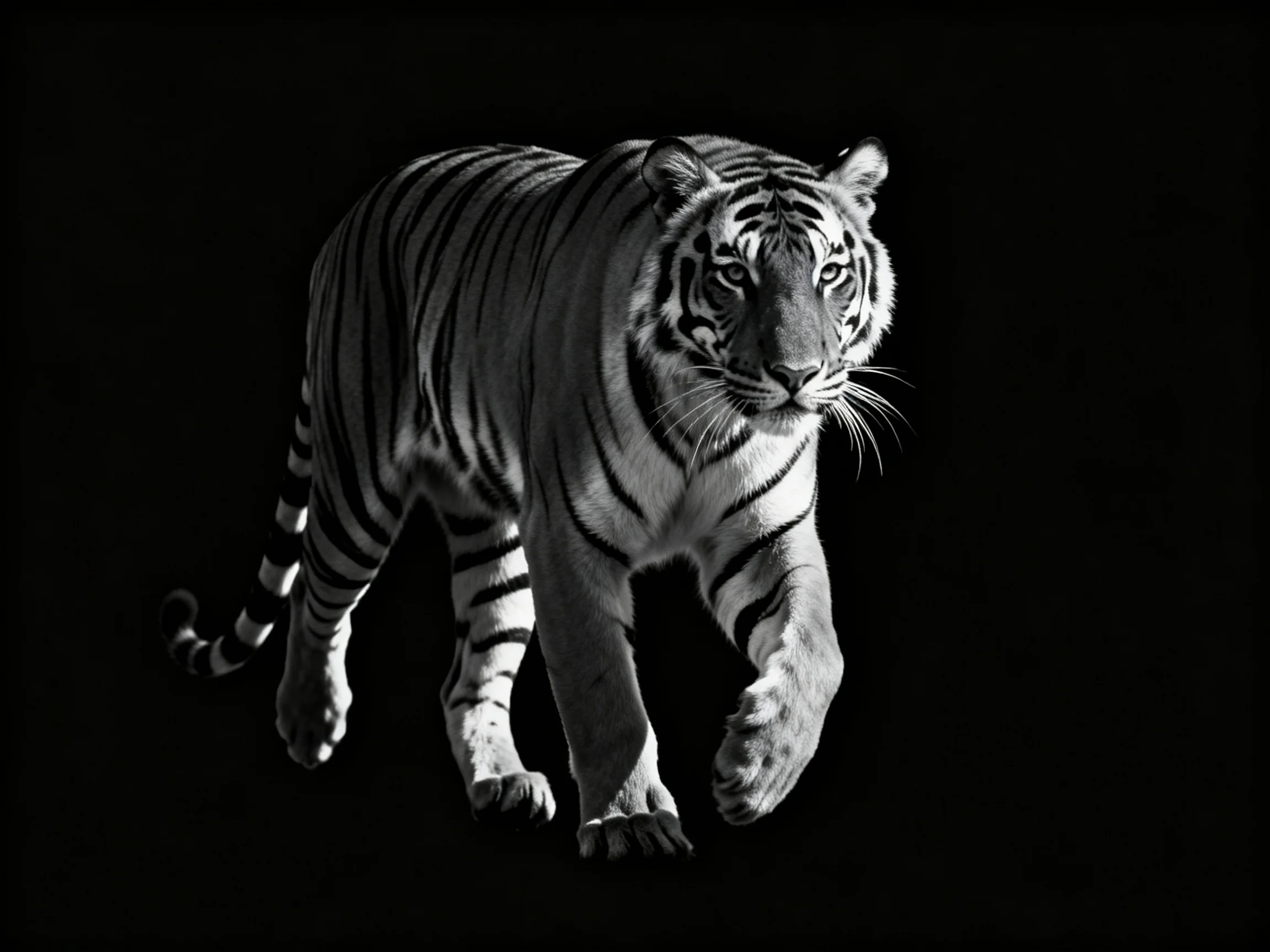 A black-and-white tiger with bold stripes walks toward the viewer against a dark backdrop.