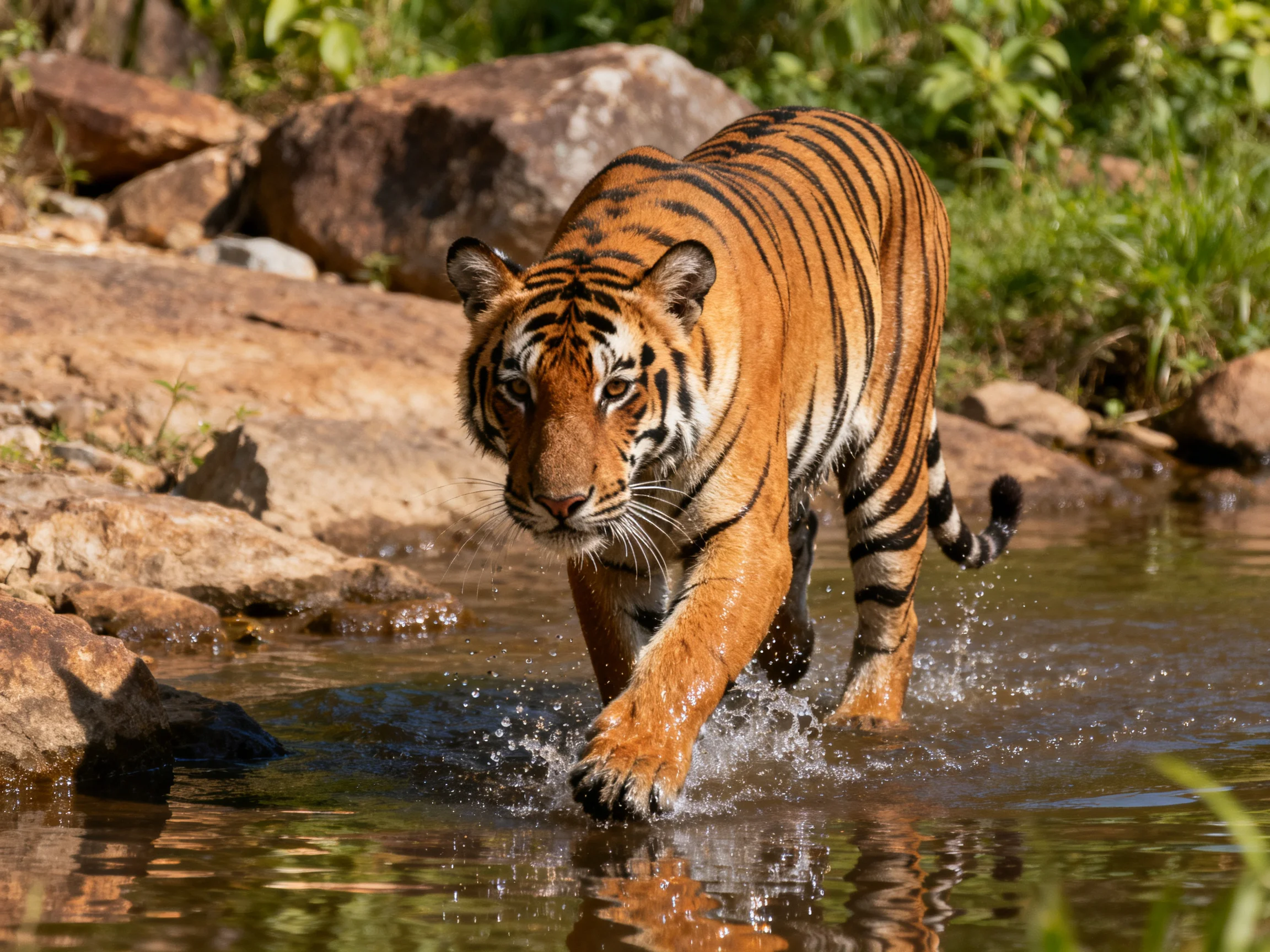 A striking orange tiger crosses shallow water near large rocks