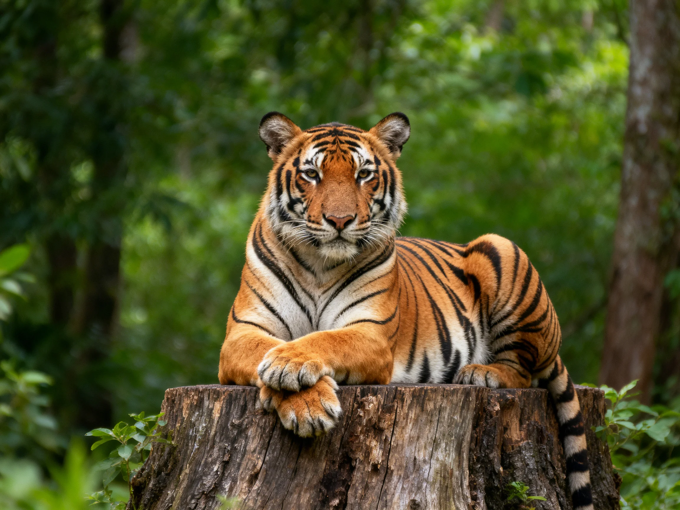 An orange tiger rests on a tree stump in a lush forest