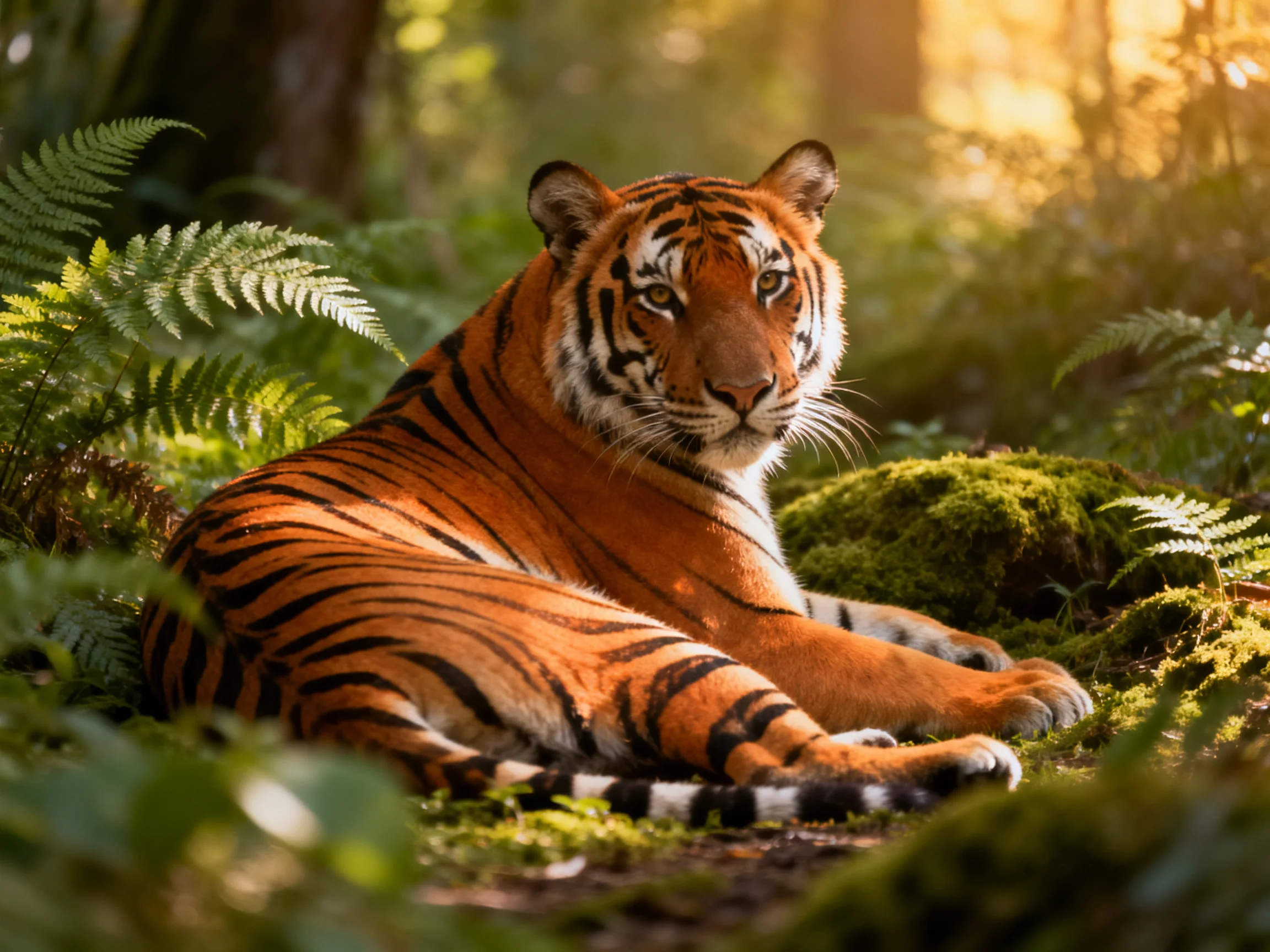 A striking orange tiger relaxes in a sunlit forest with greenery.