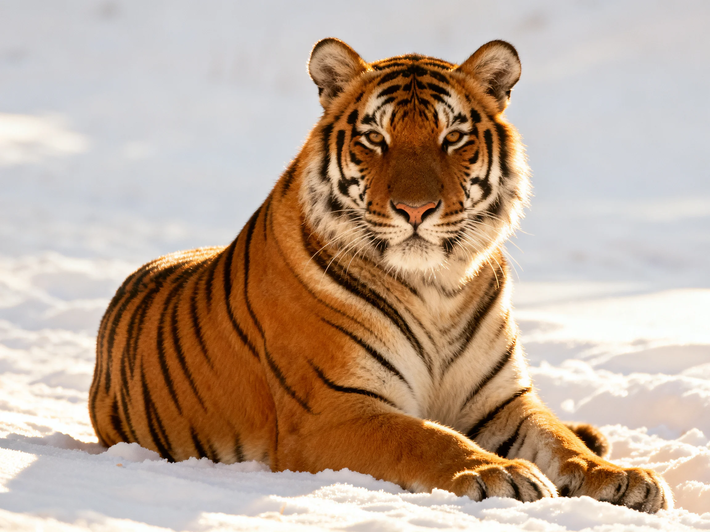 An orange tiger rests calmly in a snowy environment.