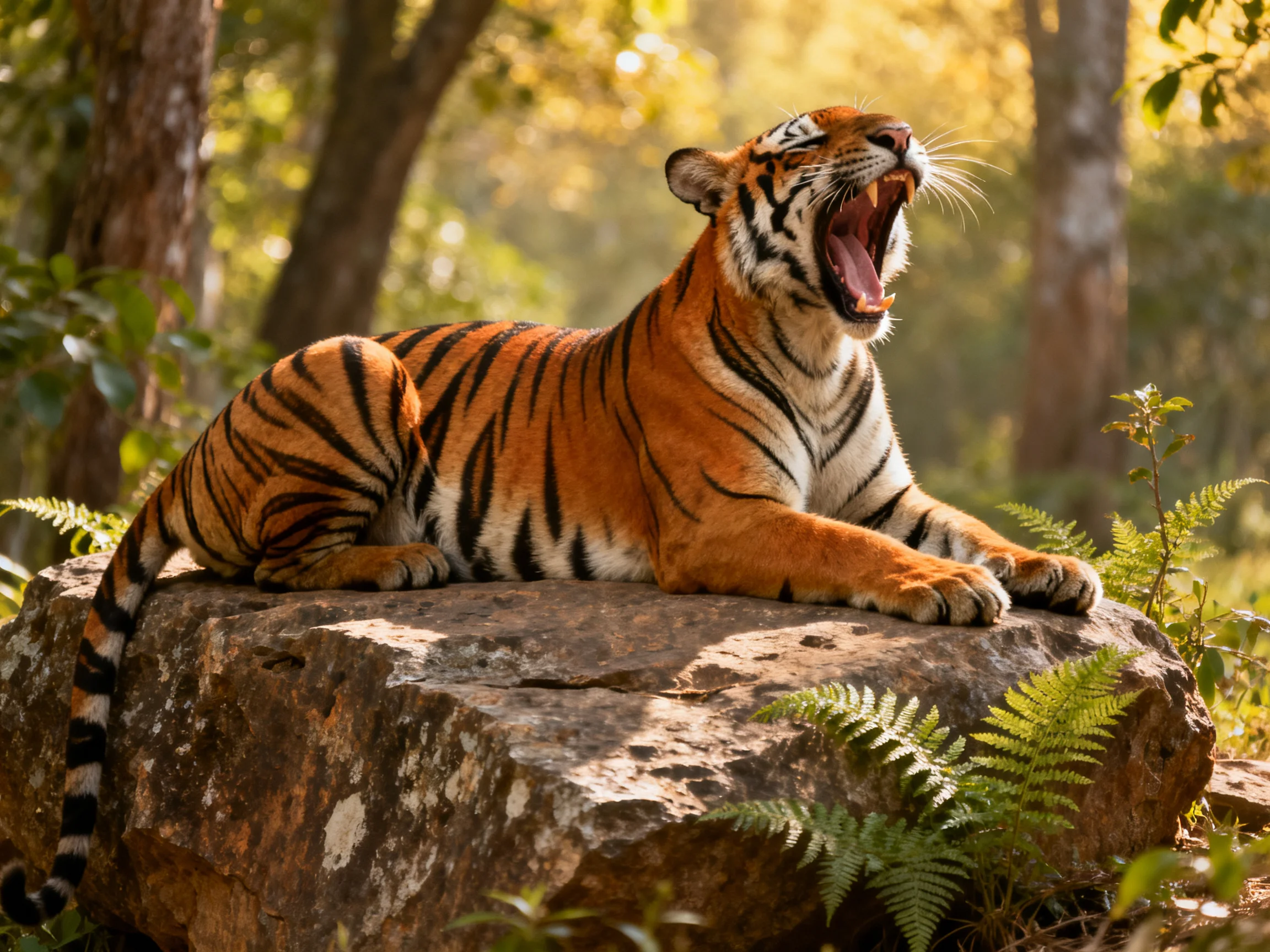 An orange tiger yawns while perched on a rock in a sunlit forest.