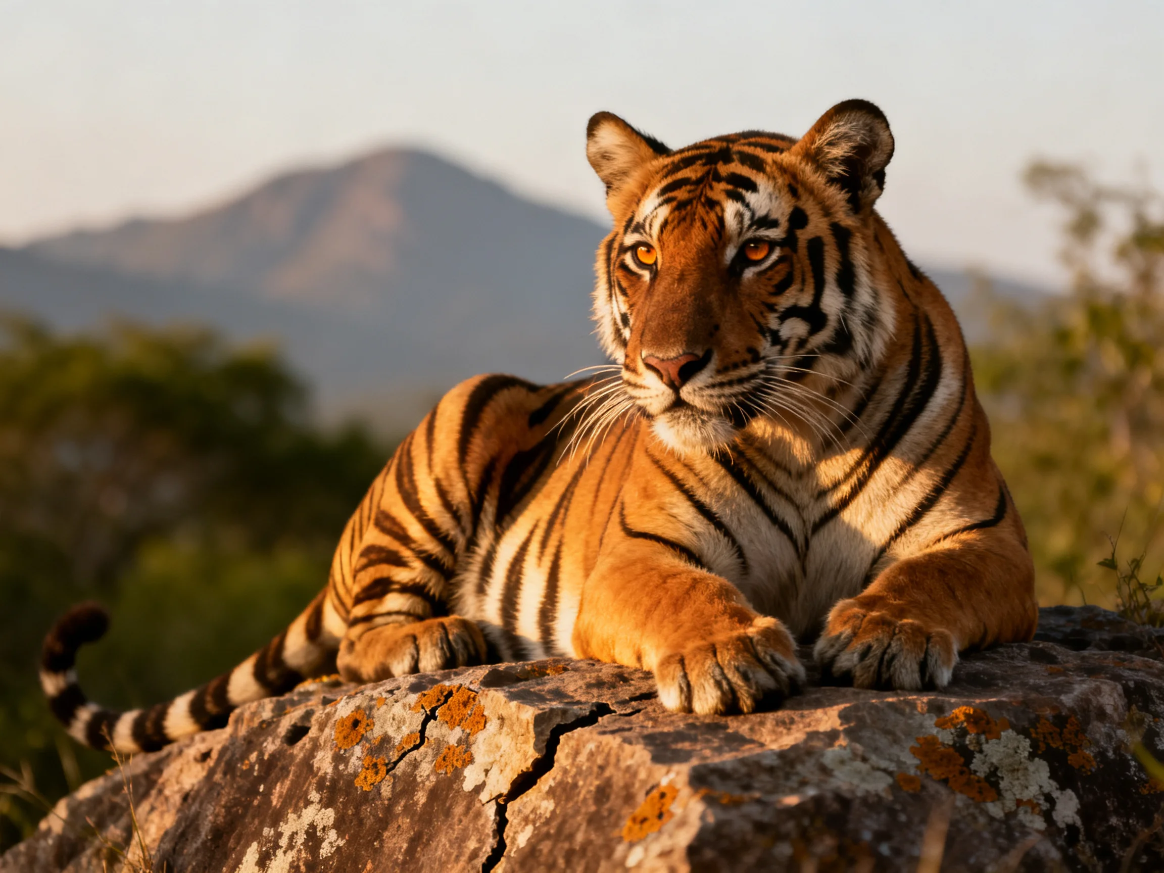 An orange tiger relaxes on a lichen-covered rock with mountains in the background.