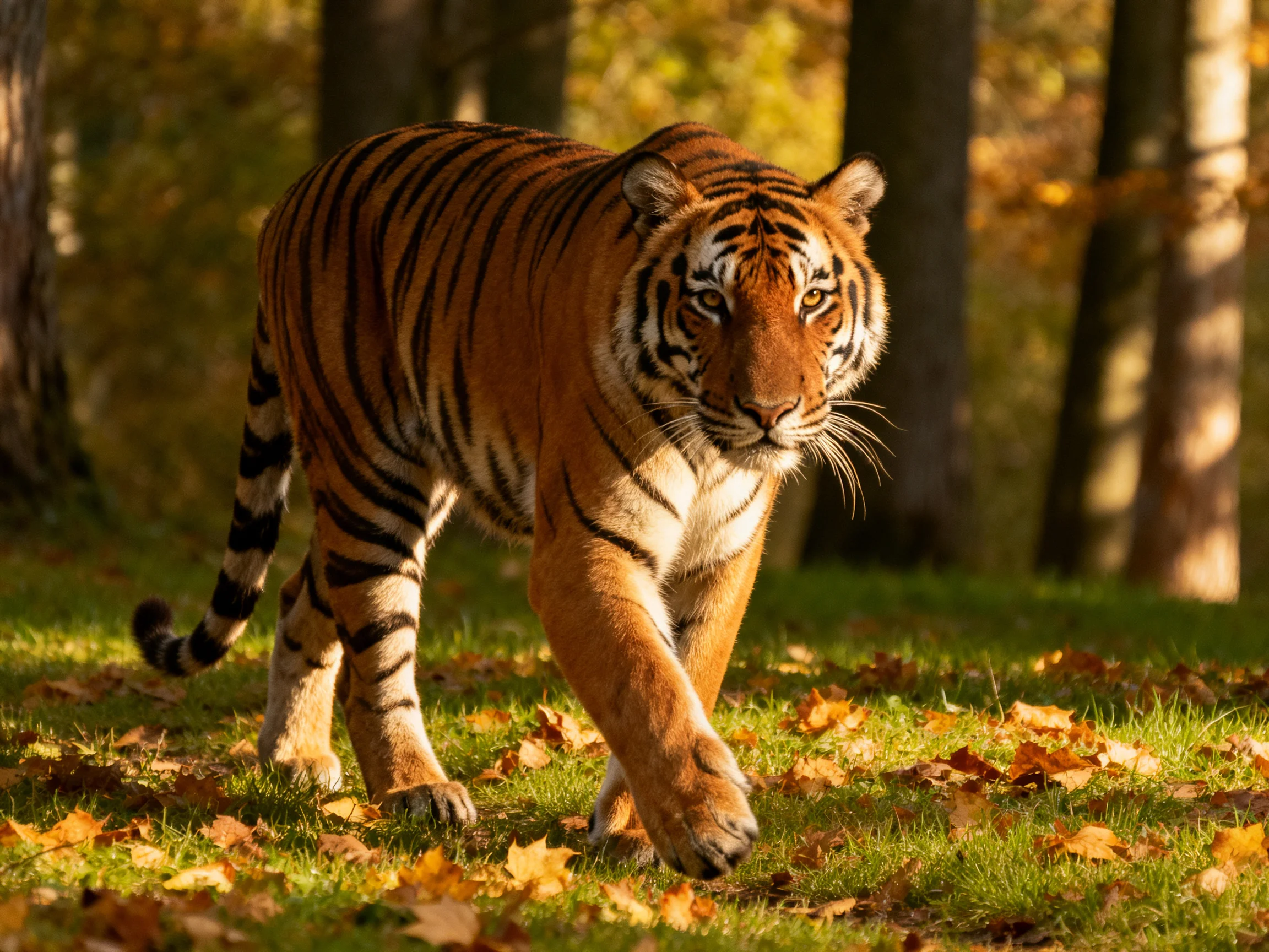 An orange tiger walks through a forest with autumn leaves