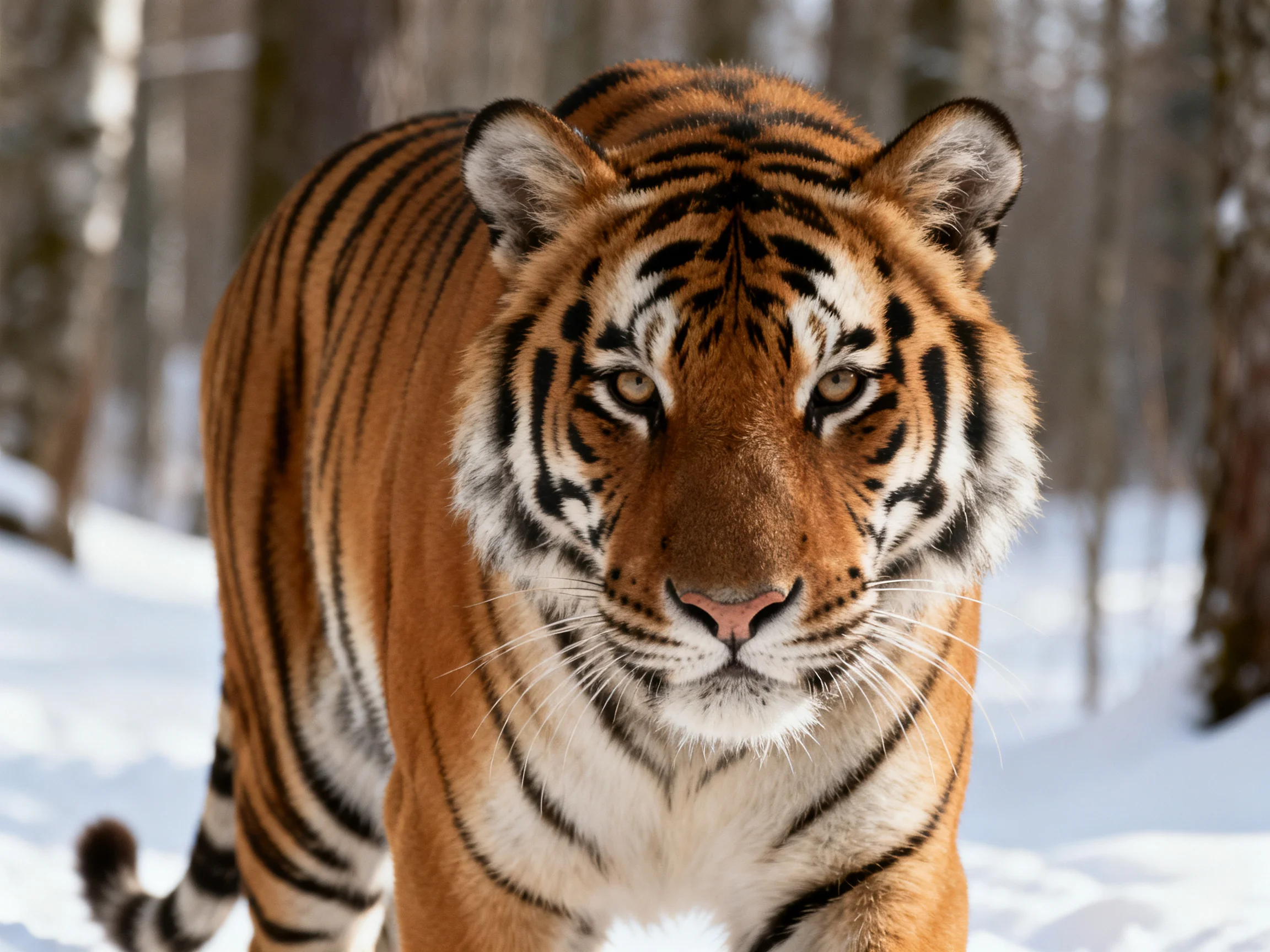 An orange tiger stands in a snowy forest.