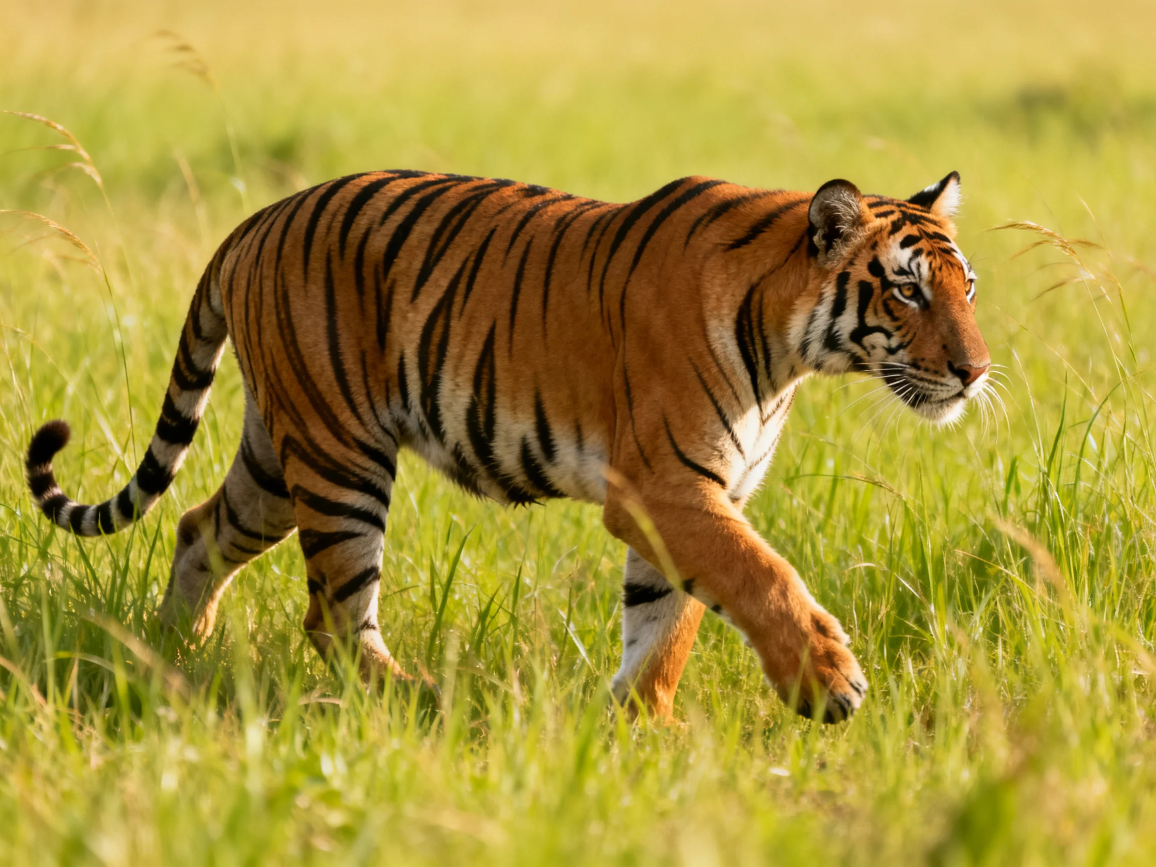 A tiger moves gracefully through tall grass in a sunlit setting.