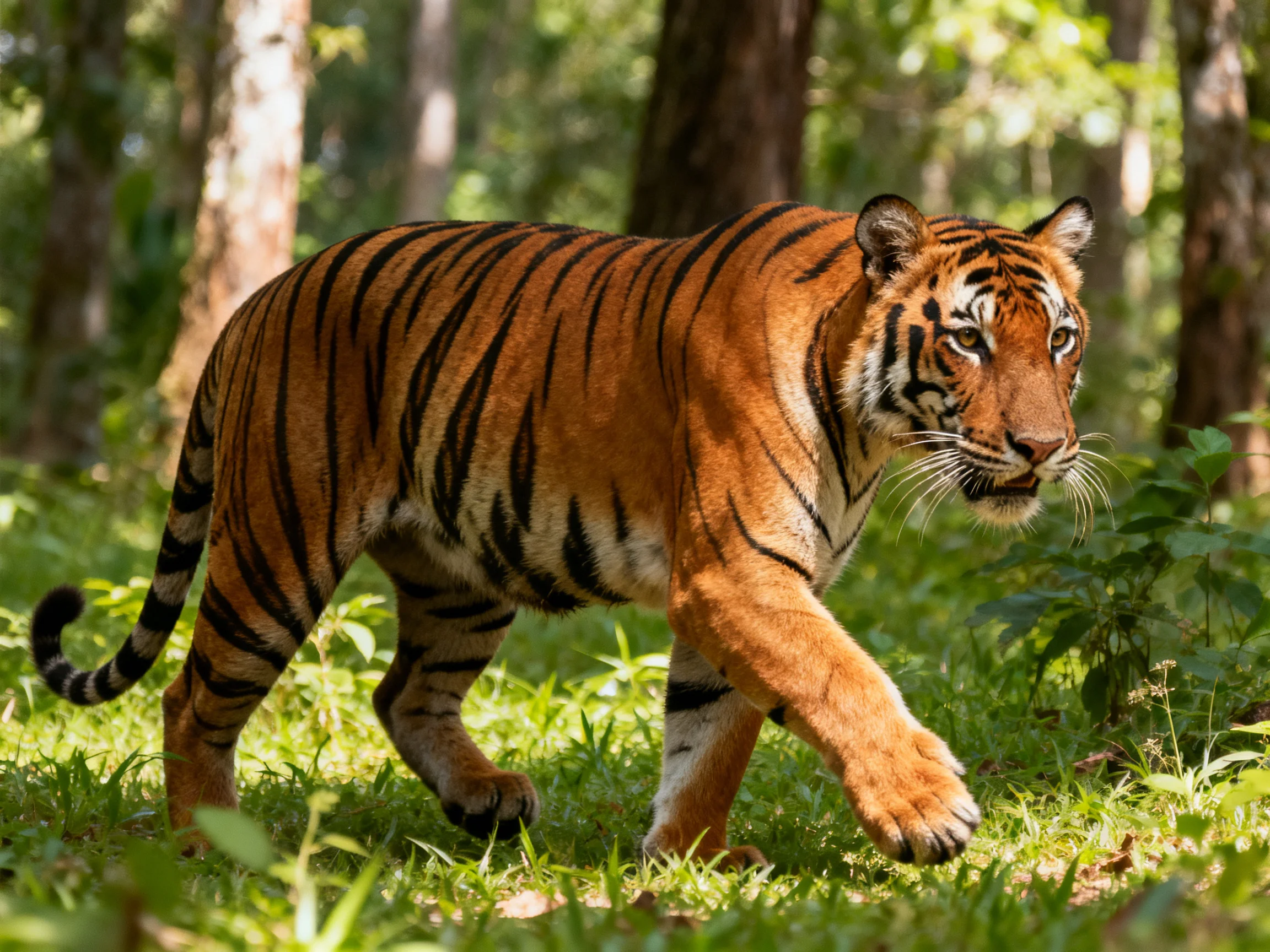 An orange tiger moves through a sunlit forest with lush greenery