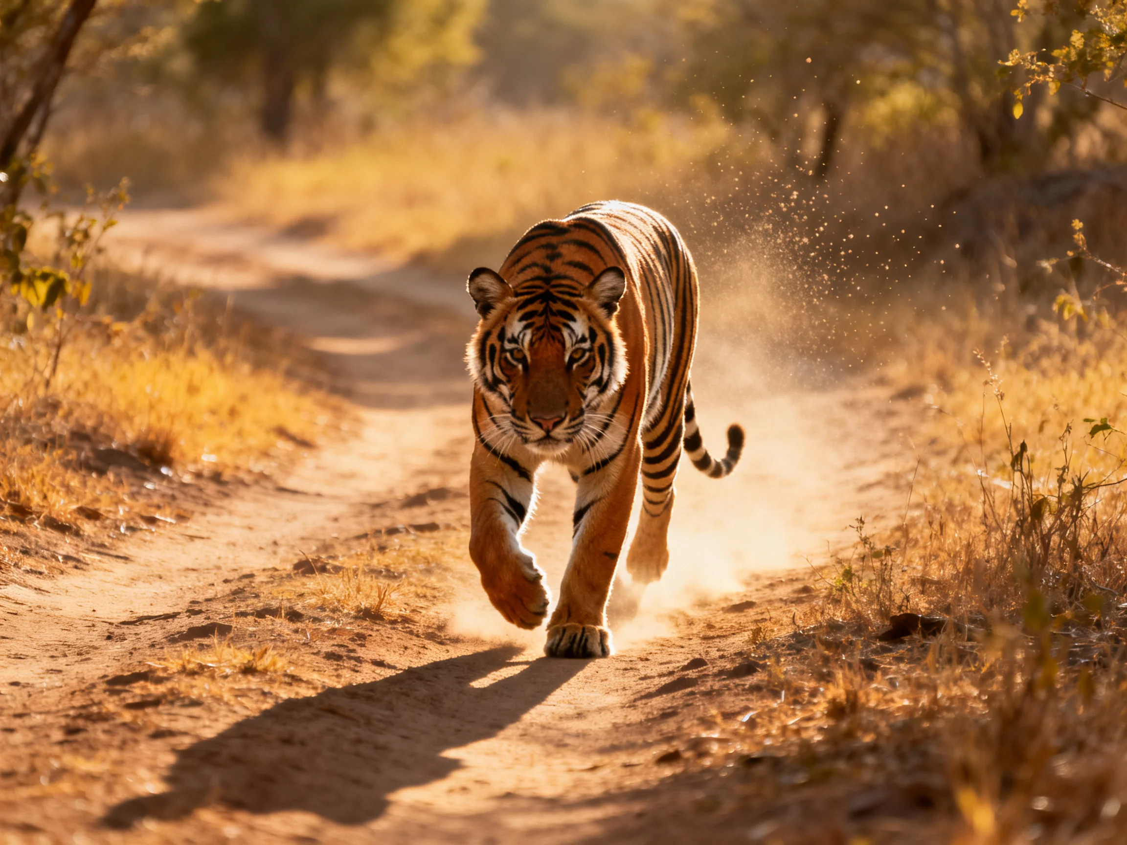 An orange tiger walks forward on a dusty path amid dry vegetation.
