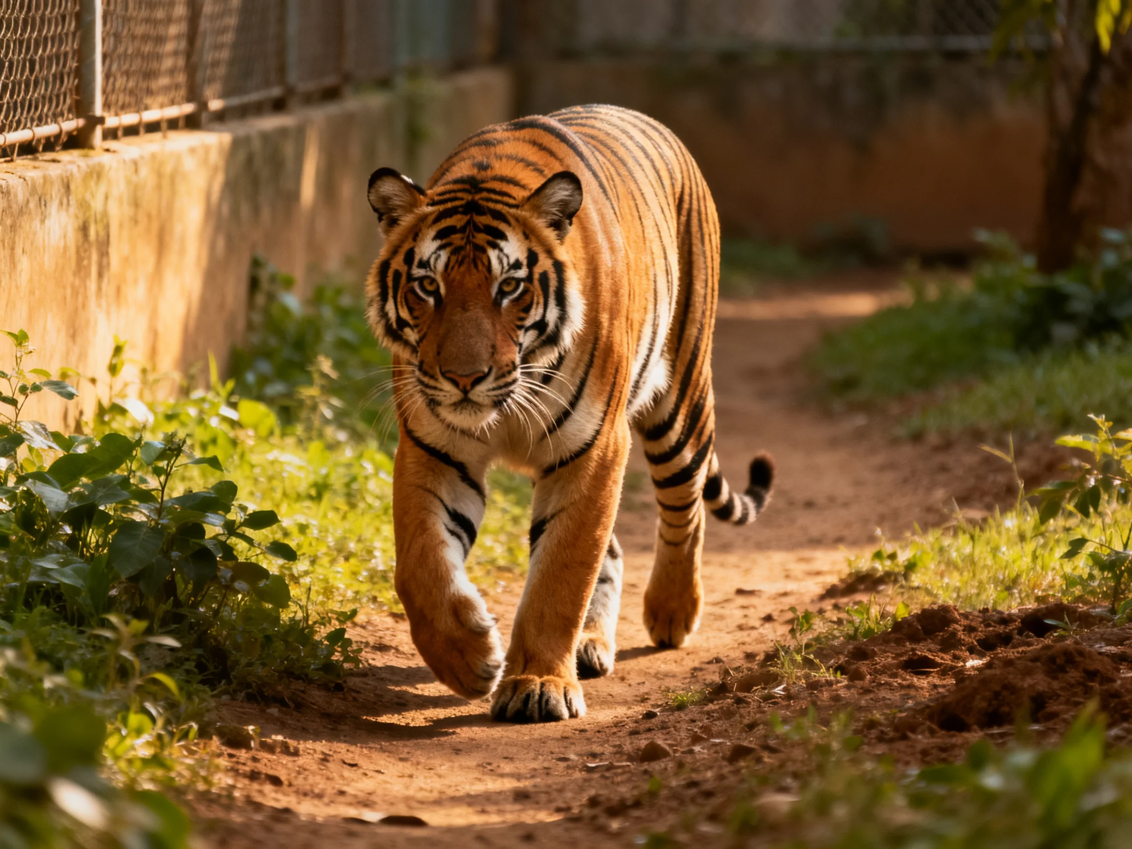 An orange tiger confidently walks down a sunlit dirt path bordered by vegetation.