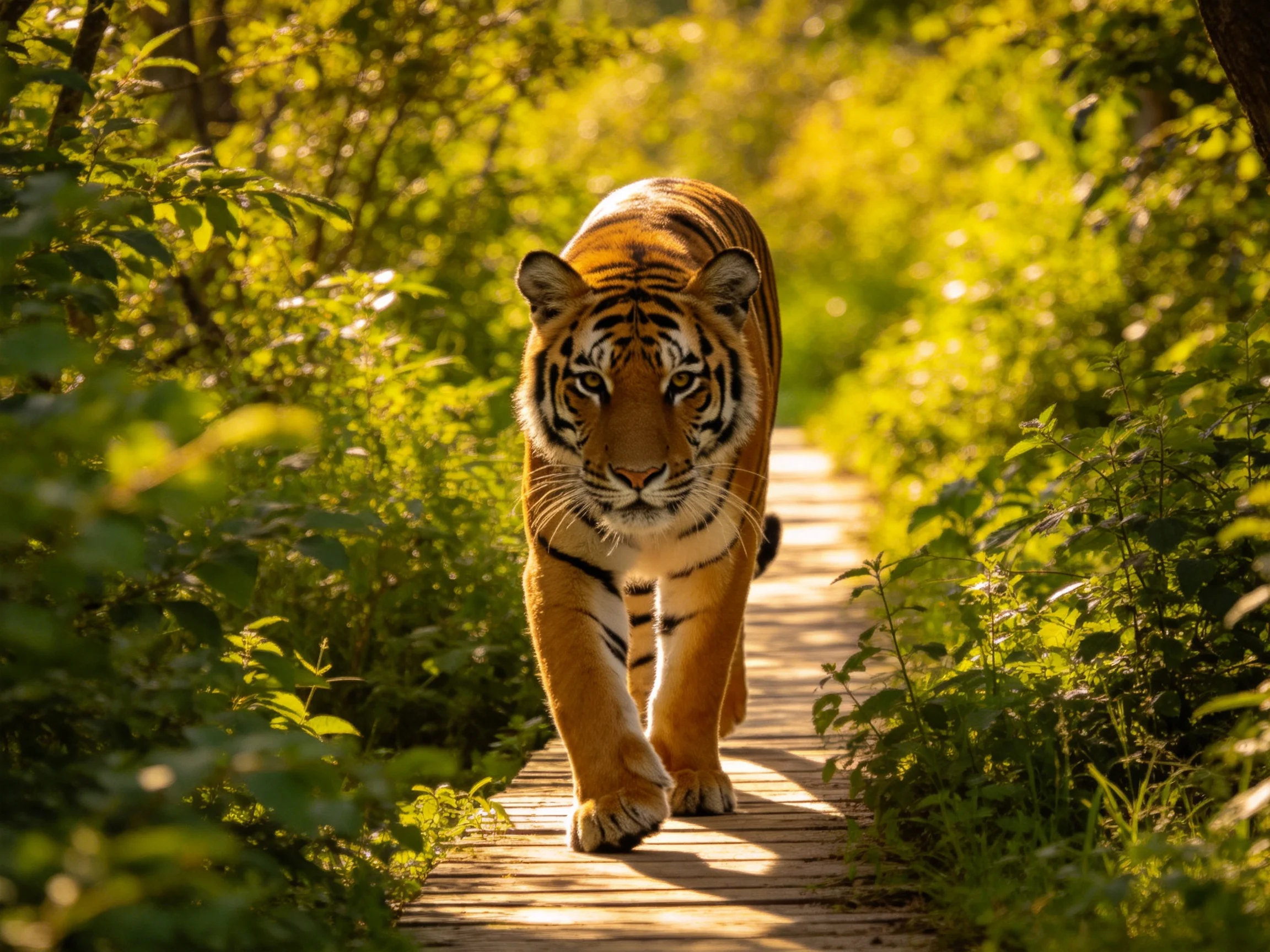 A striking orange tiger walks on a wooden path surrounded by greenery.