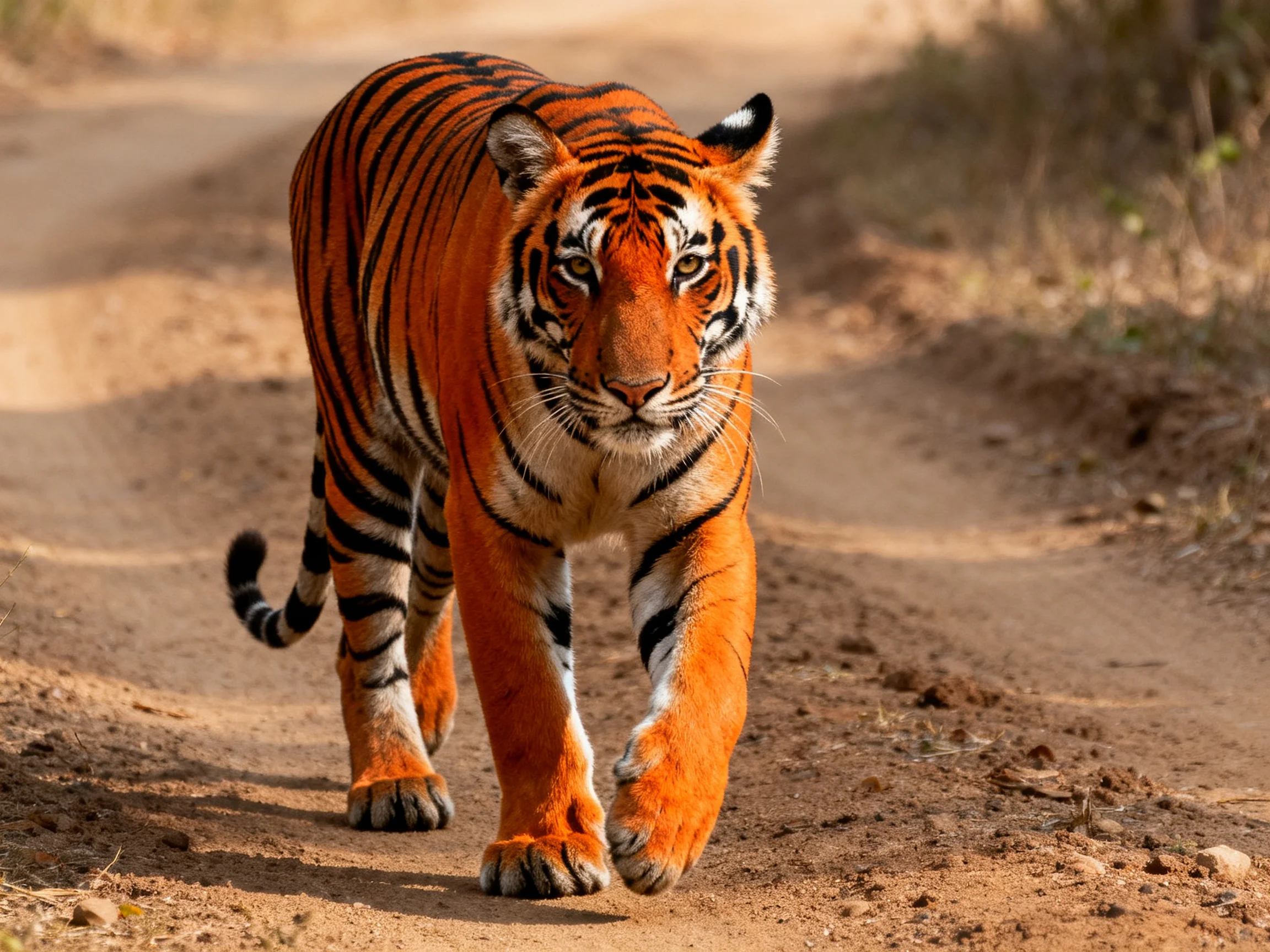An orange tiger confidently moves along a sunlit dirt path.
