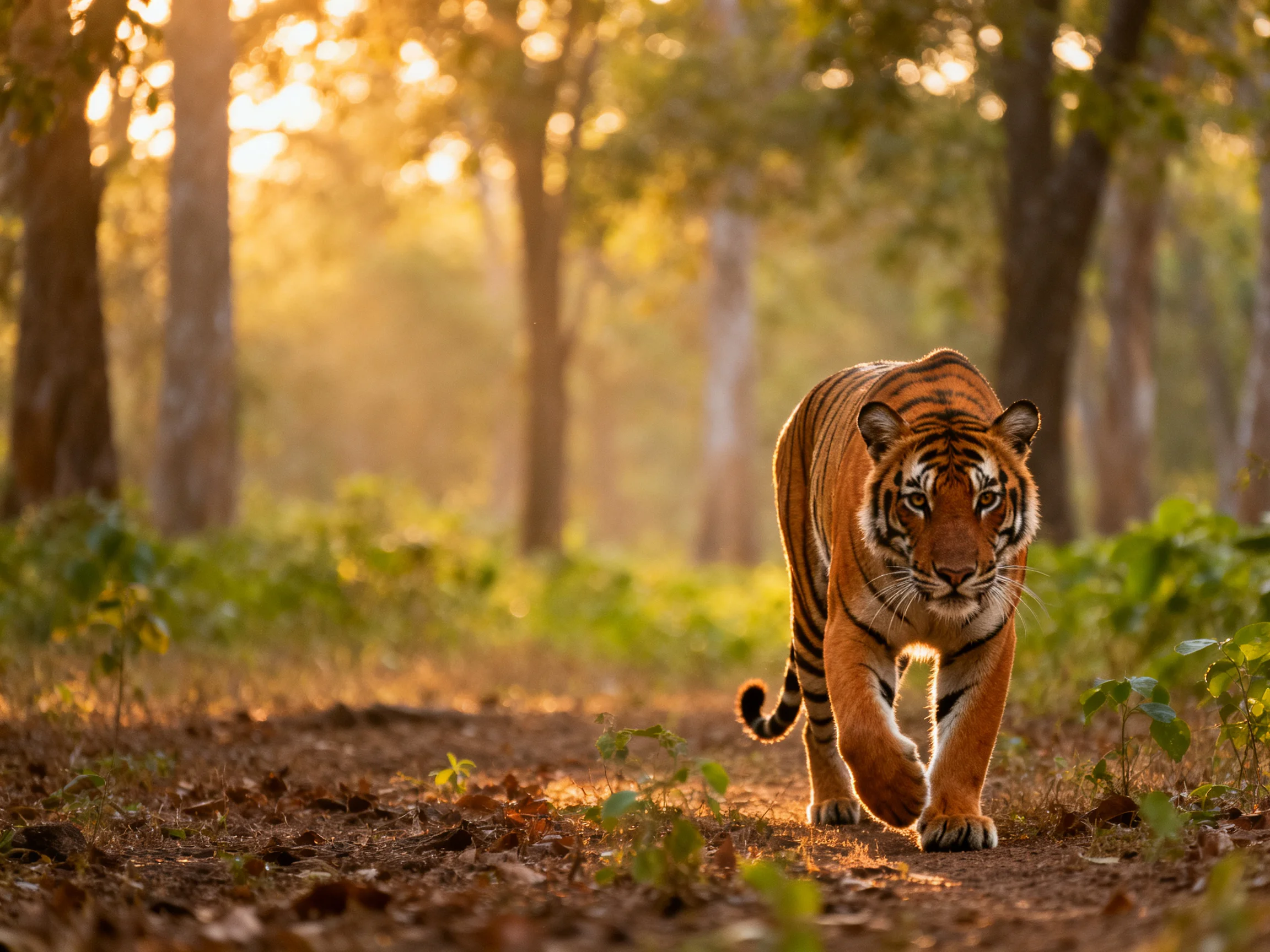 An orange tiger moves forward along a sunlit forest path.