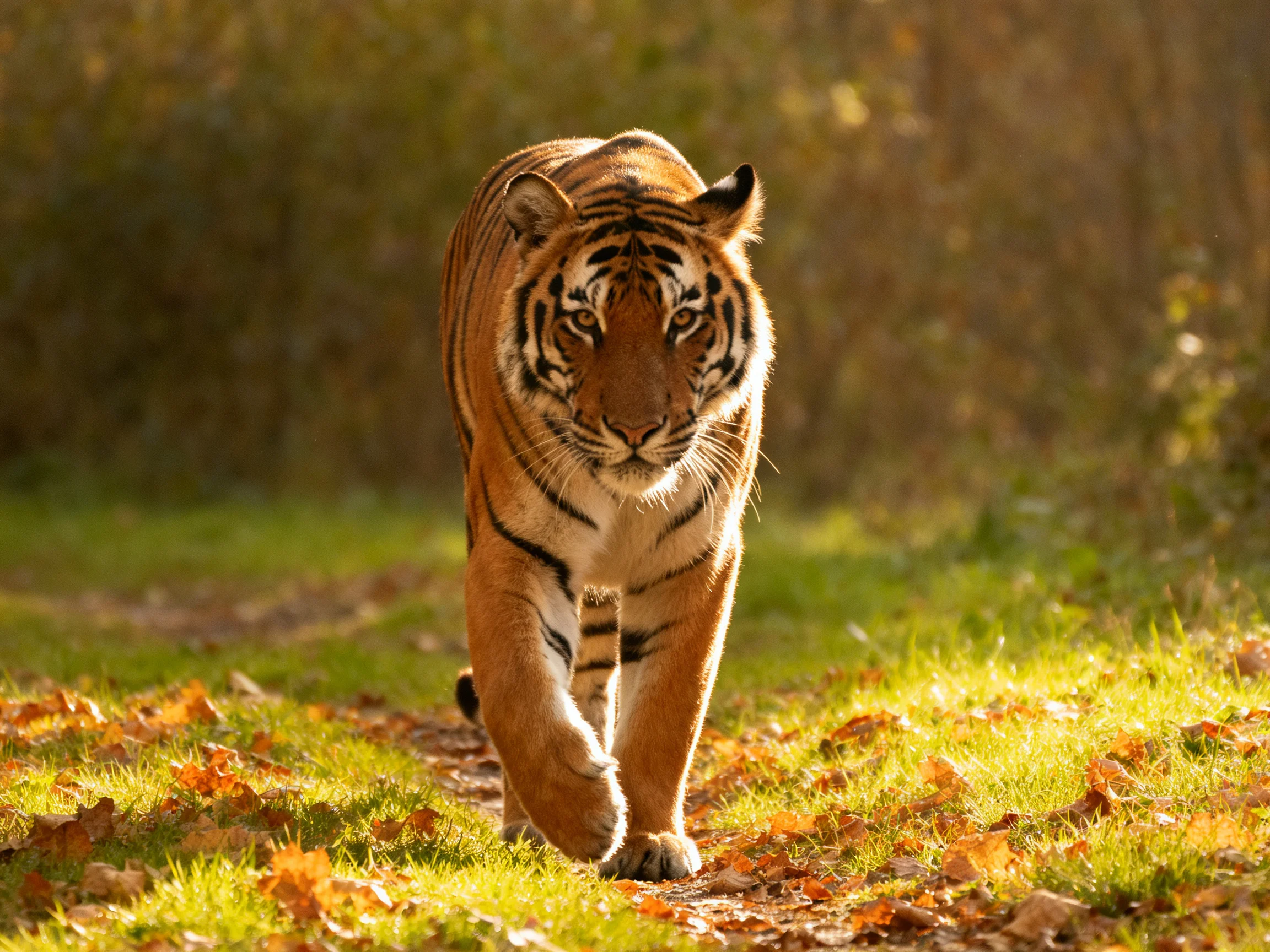 A tiger walks on a leafy path in a sunlit forest.