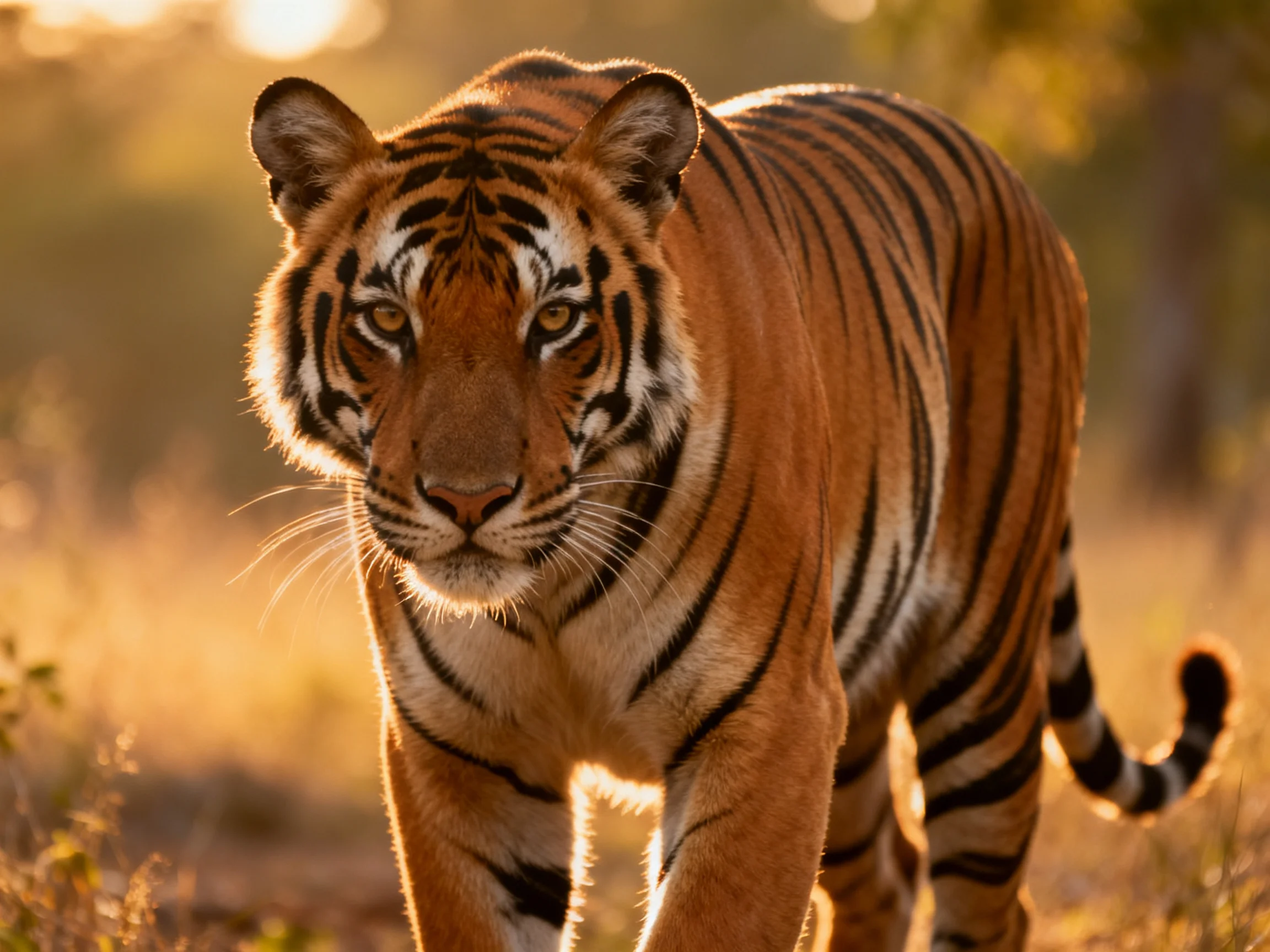 A striking orange tiger with bold black stripes in a sunlit habitat