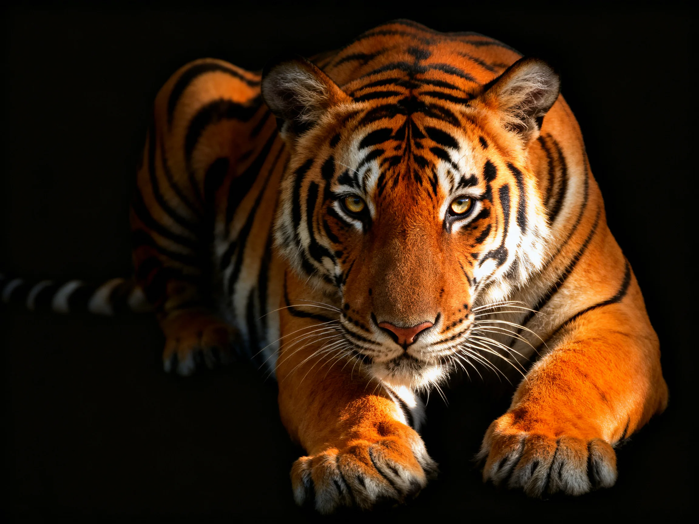 A striking orange tiger with bold black stripes in dramatic lighting