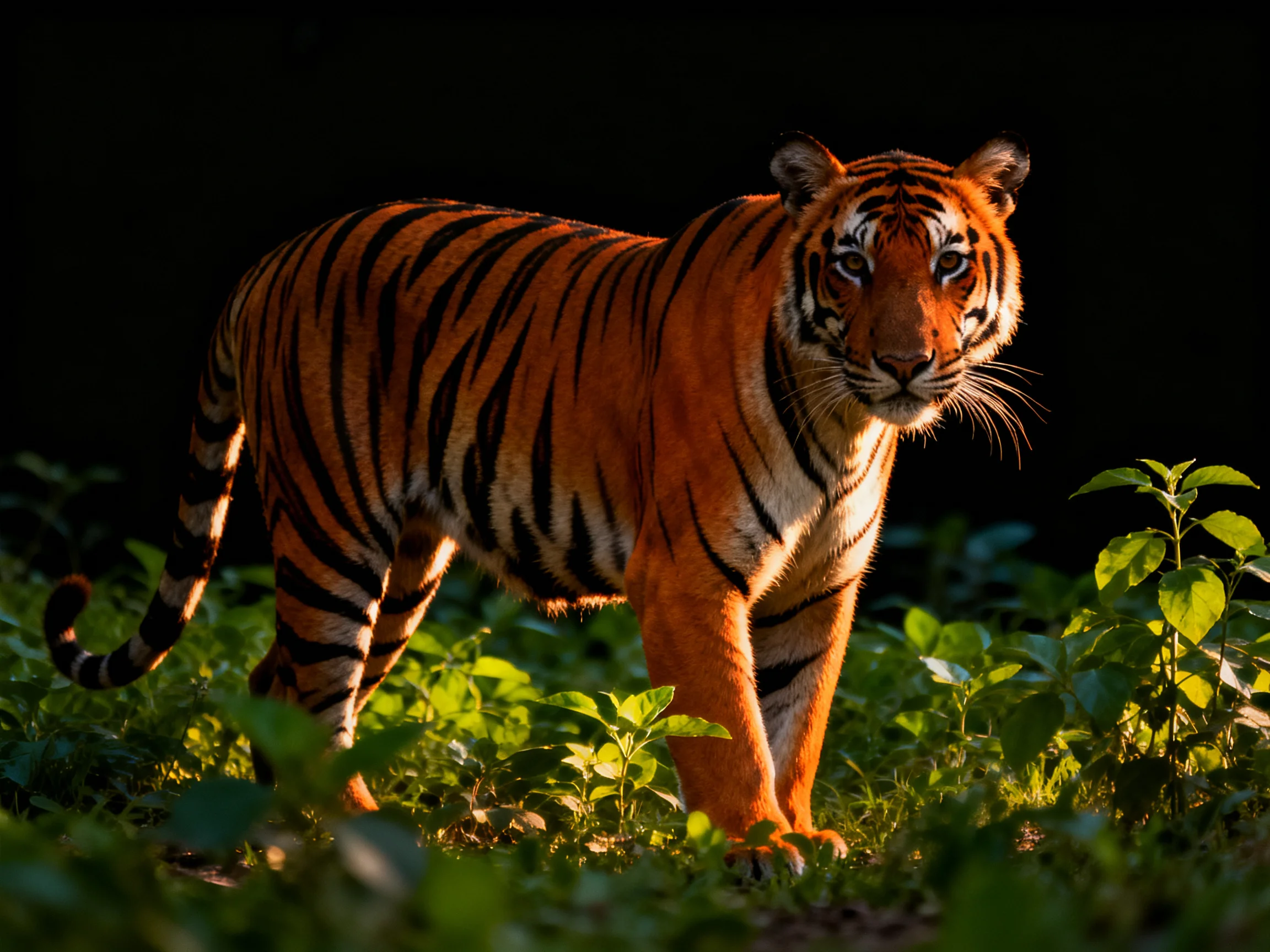 A striking orange tiger with bold black stripes in lush greenery