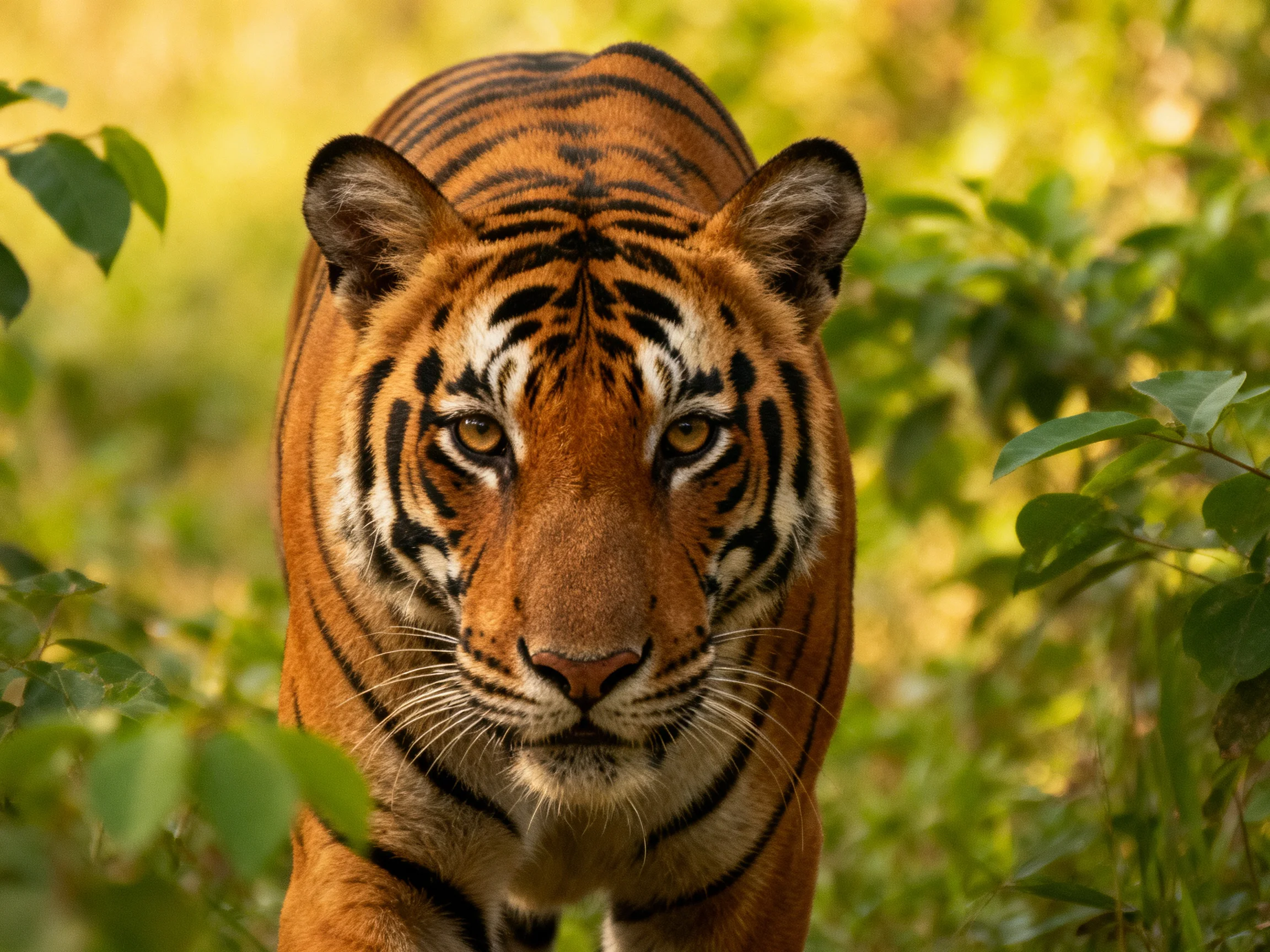 A striking orange tiger with bold black stripes in verdant foliage