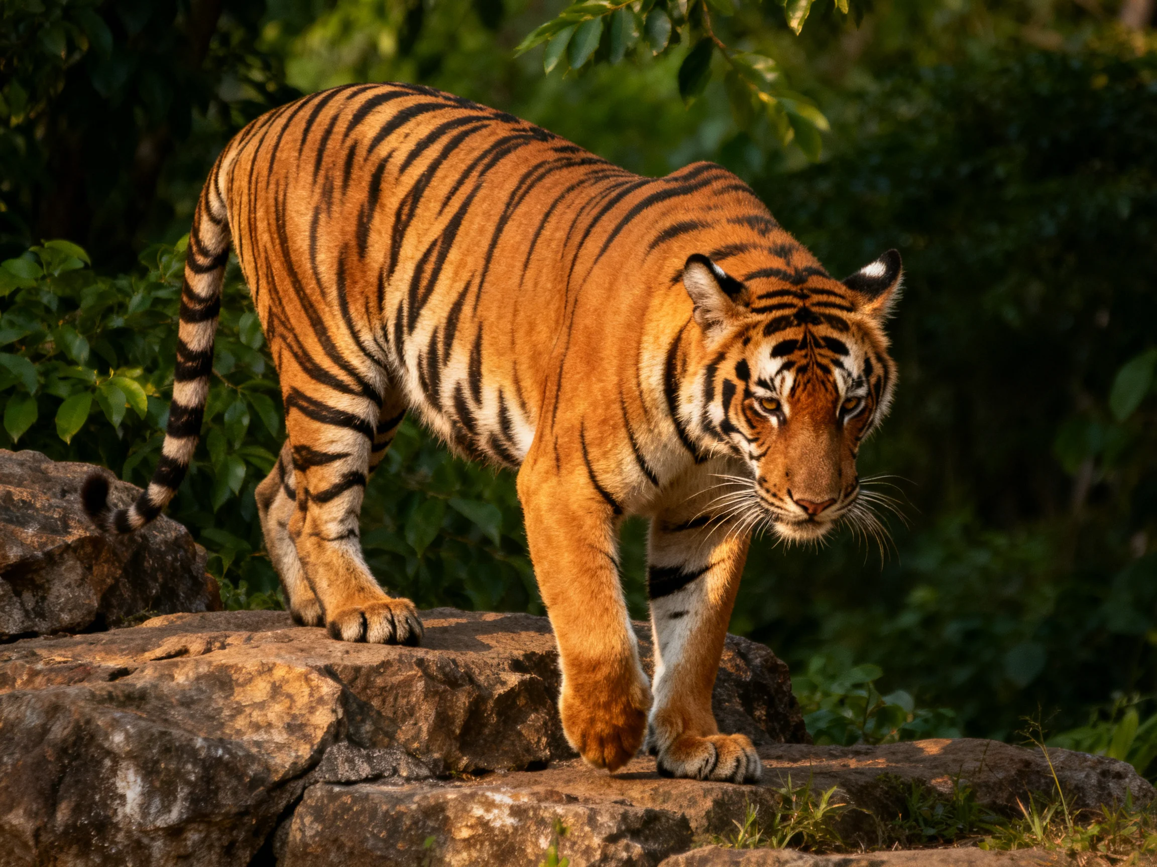 A striking orange tiger with bold black stripes on rocky terrain