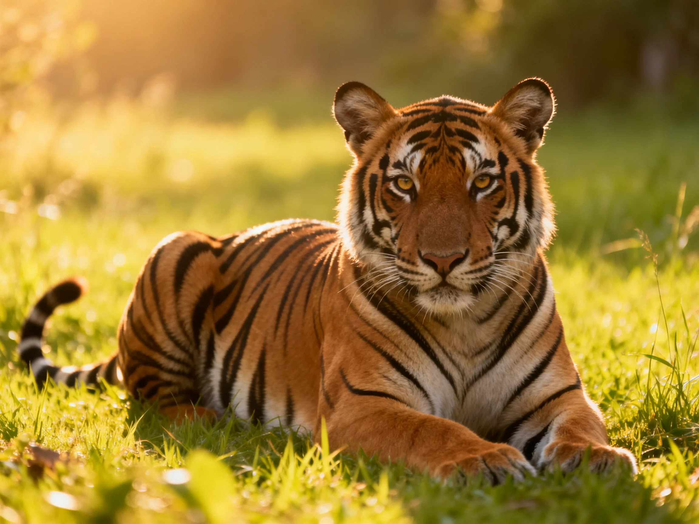 A striking orange tiger with bold black stripes rests on lush green grass amid golden light