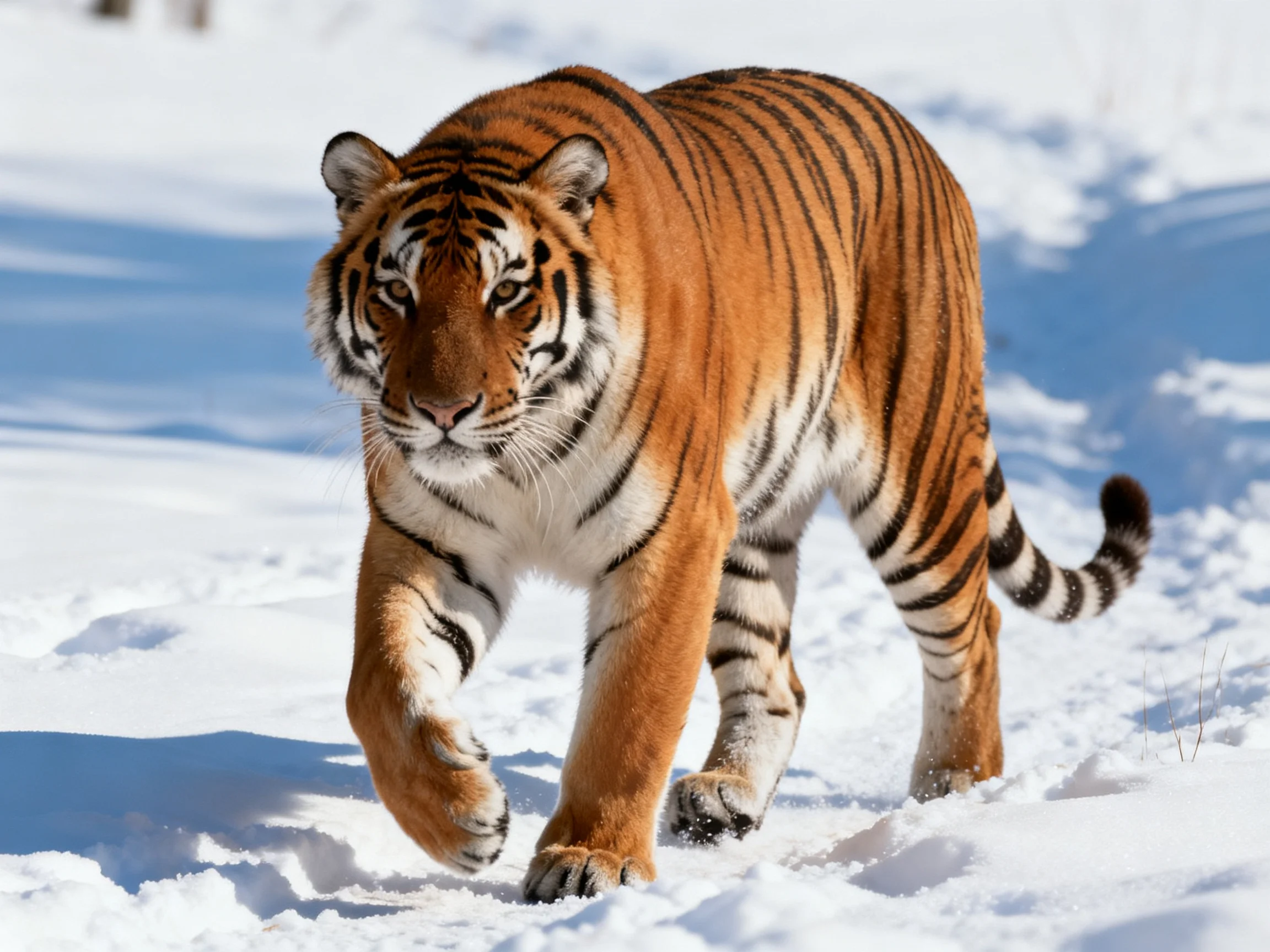A striking orange tiger with bold black stripes roams snowy terrain