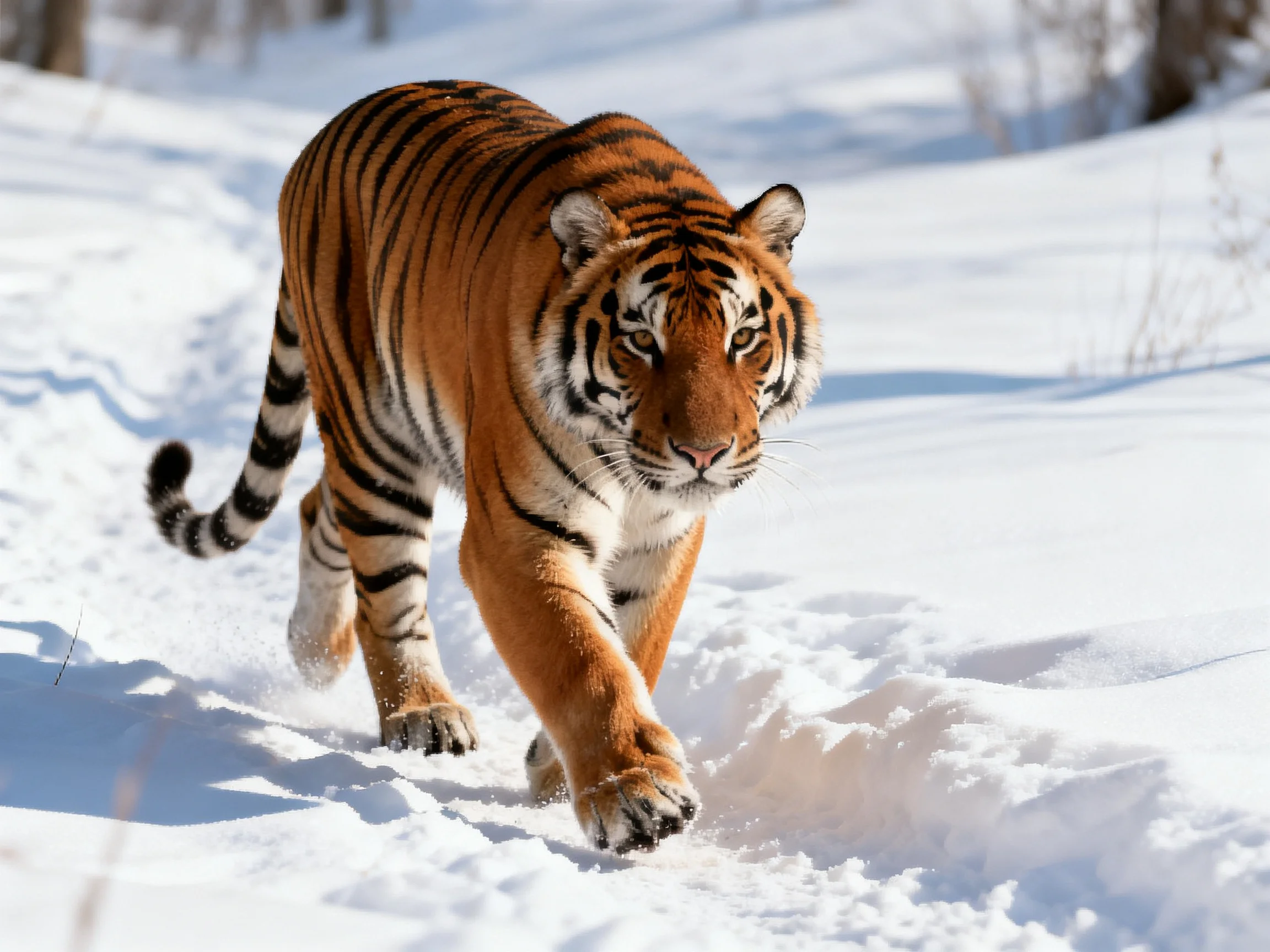 A striking orange tiger with bold black stripes traverses deep white snow