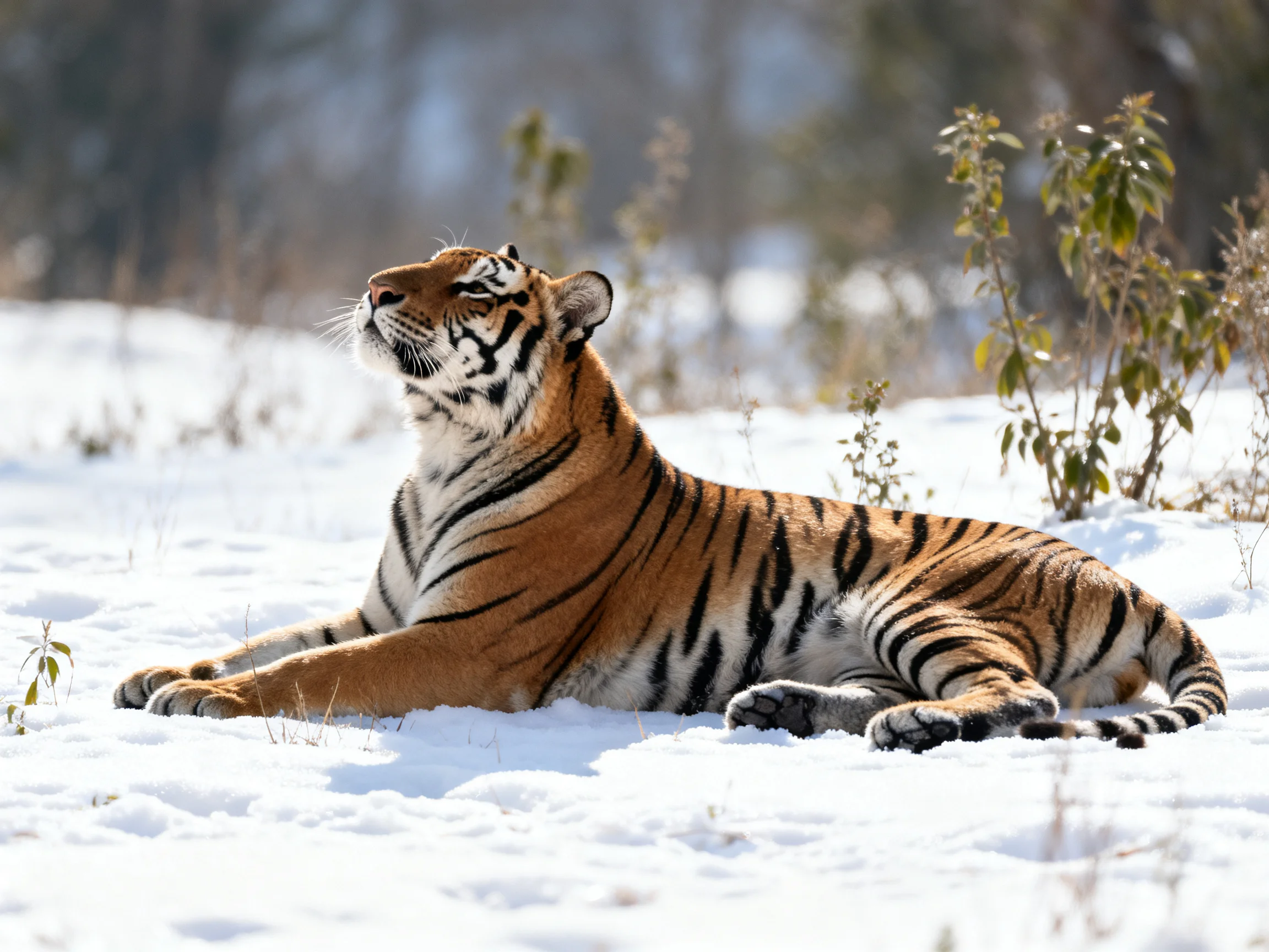 A tiger with bold stripes relaxes on snow in a wintry outdoor scene