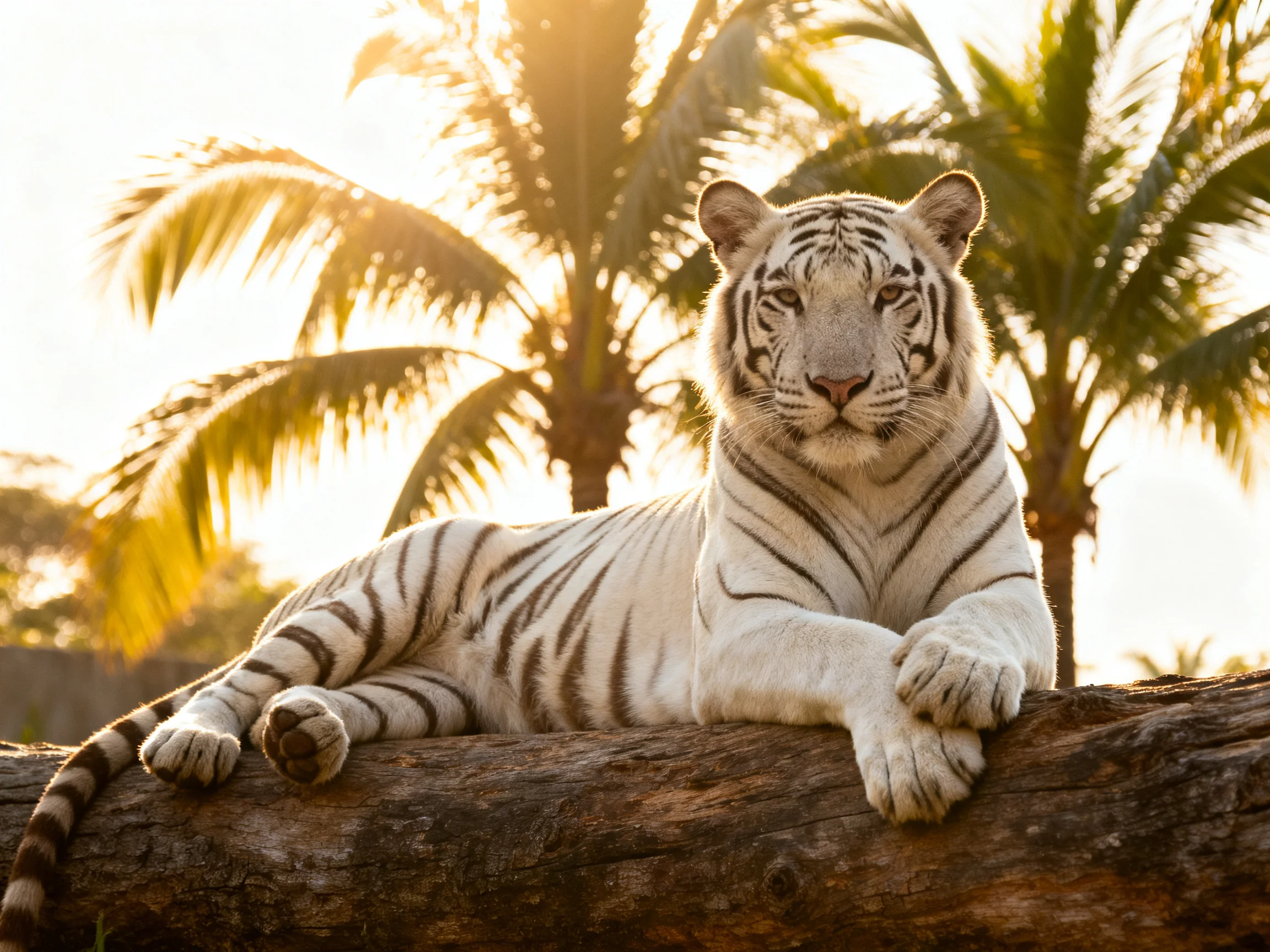 A striking white tiger lies on a thick log with palm trees in the sunny backdrop