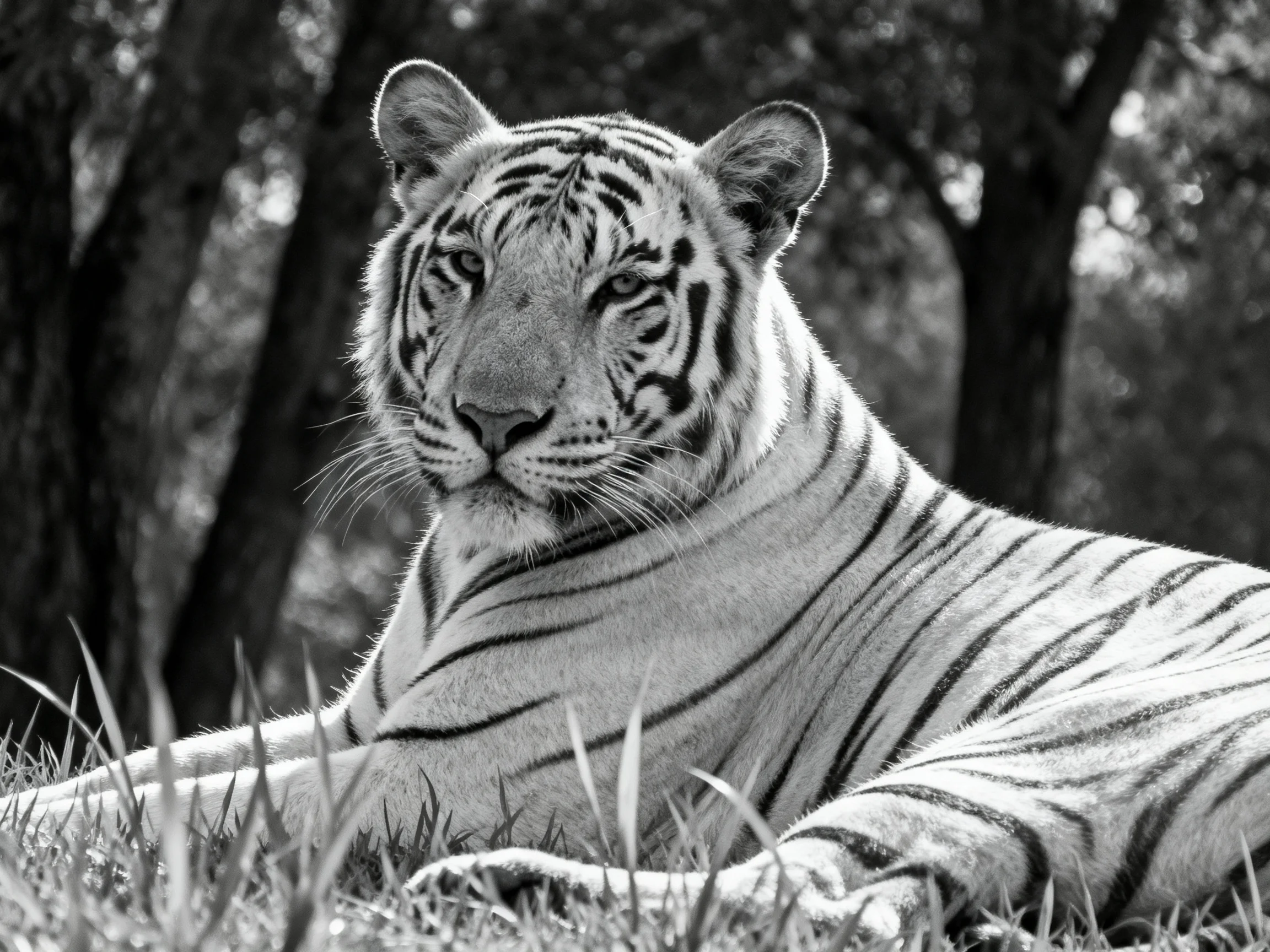 A white tiger lounges calmly among grass and trees.