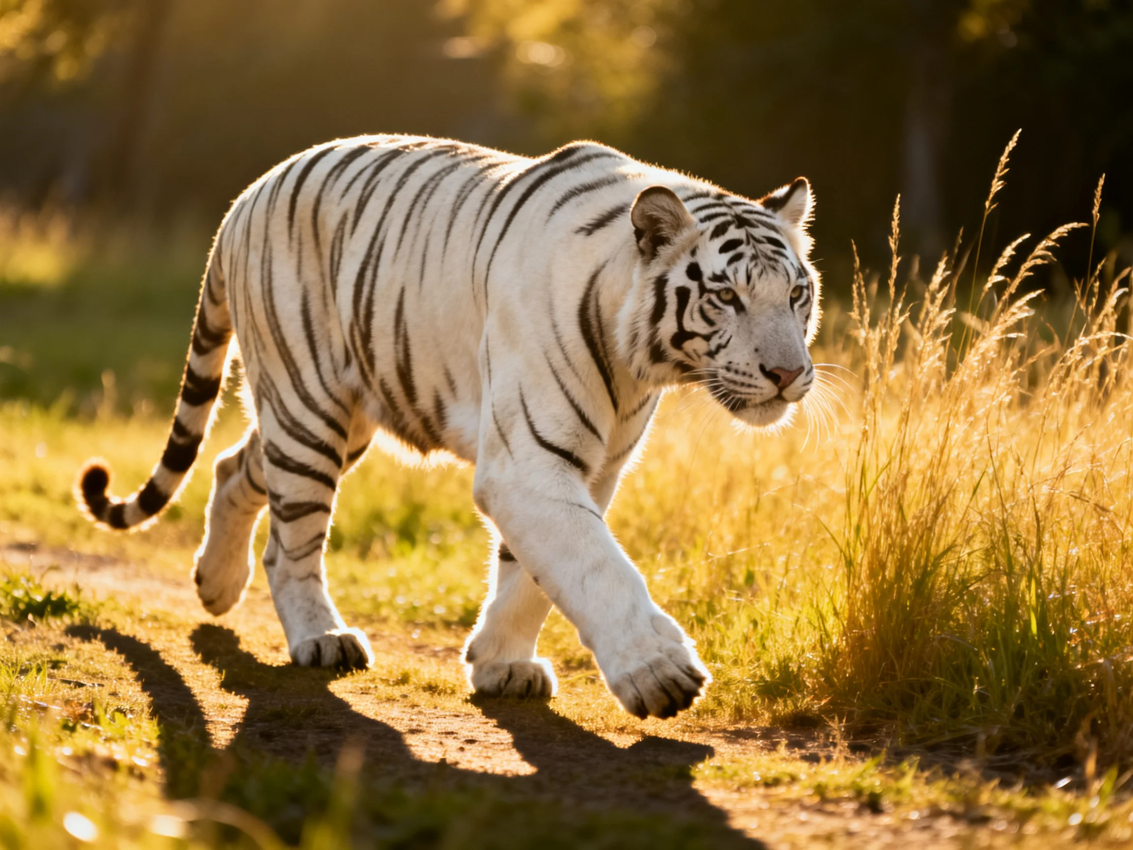 A white tiger walks along a sunlit path near tall grass