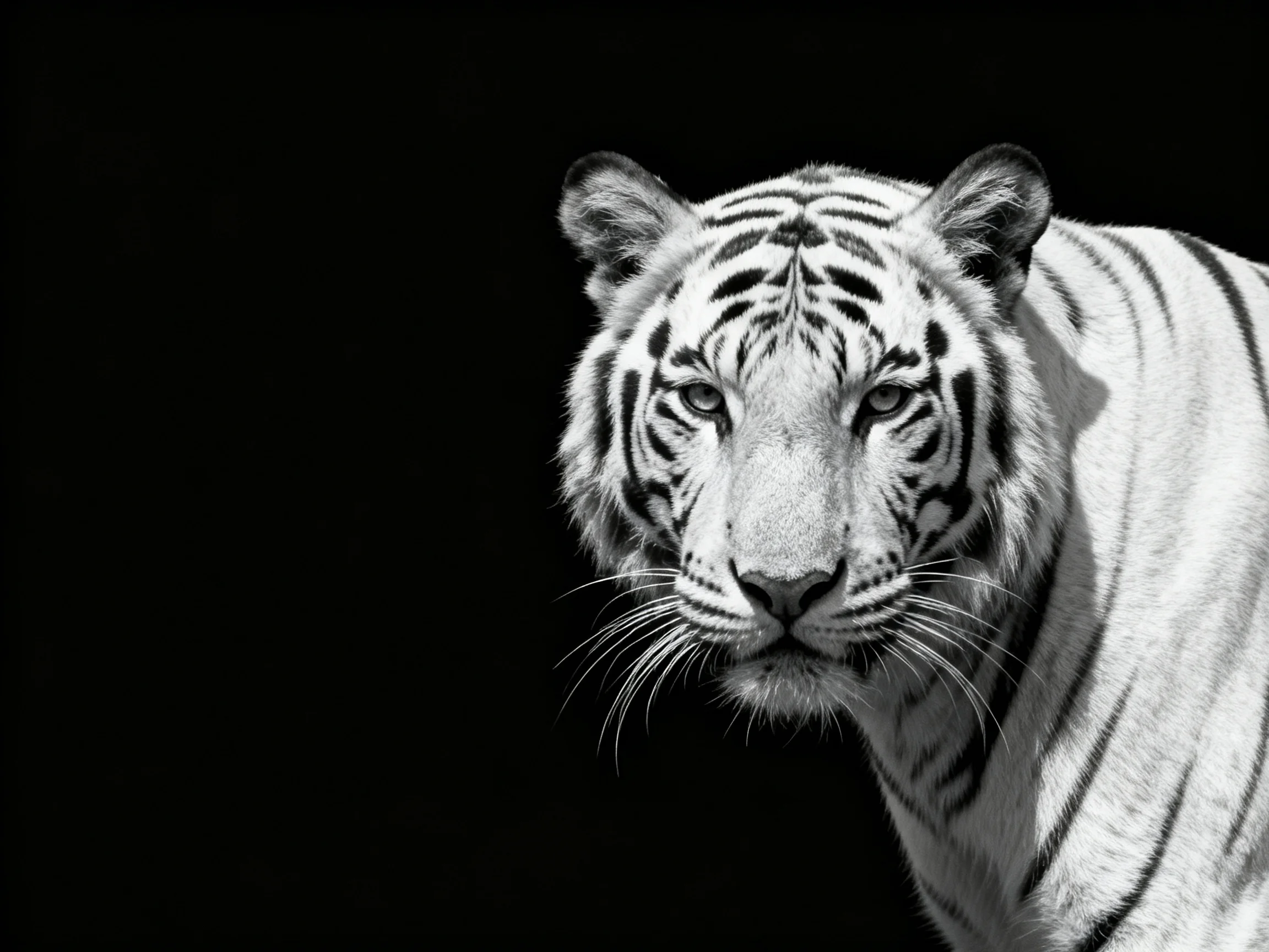 A white tiger with bold black stripes stands out against a solid black background.
